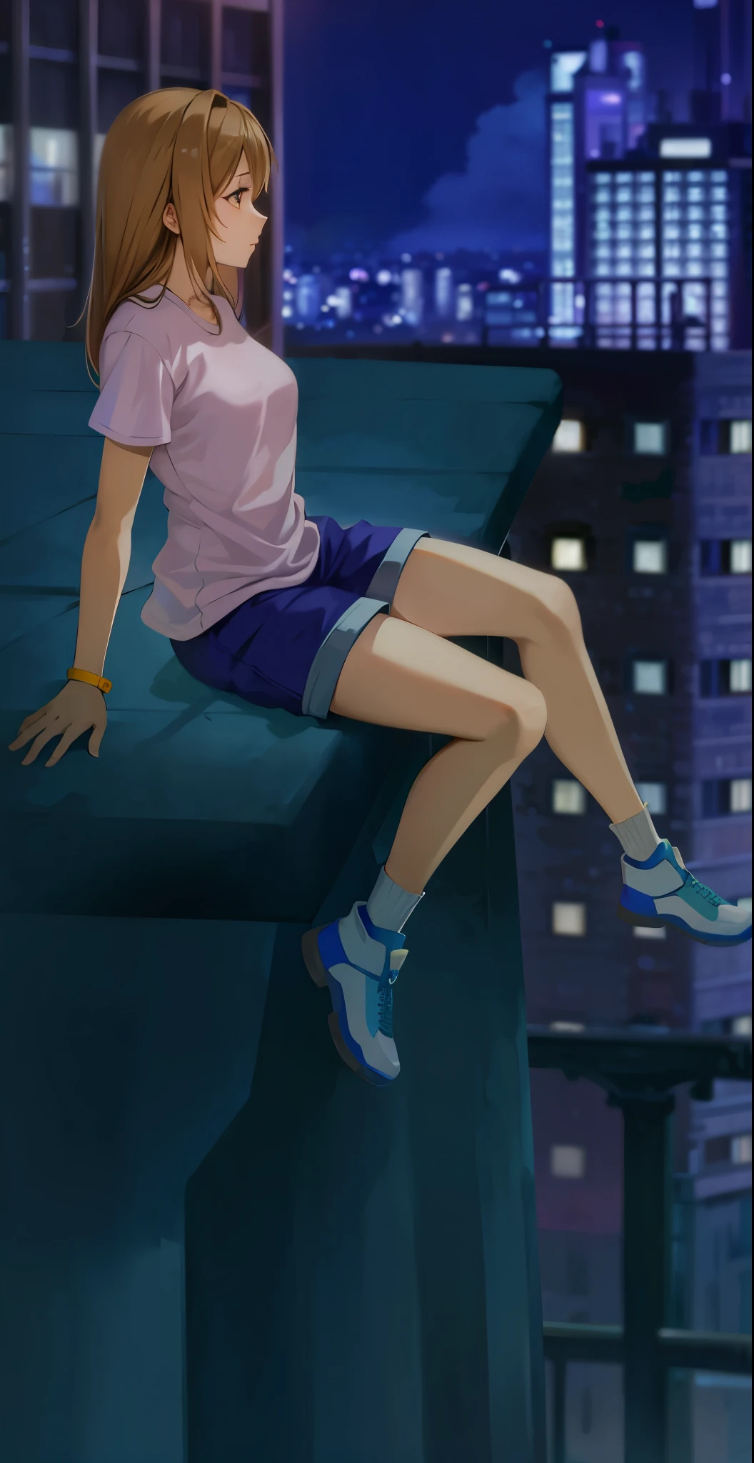 anime girl sitting on a ledge in a city at night, girl fanart, sits on a rooftop, girl sitting on a rooftop, sitting on a skyscraper rooftop, standing on a rooftop, standing on rooftop, in a rooftop, realistic artstyle, the anime girl is crouching, detailed shot legs-up, on a rooftop, city rooftop