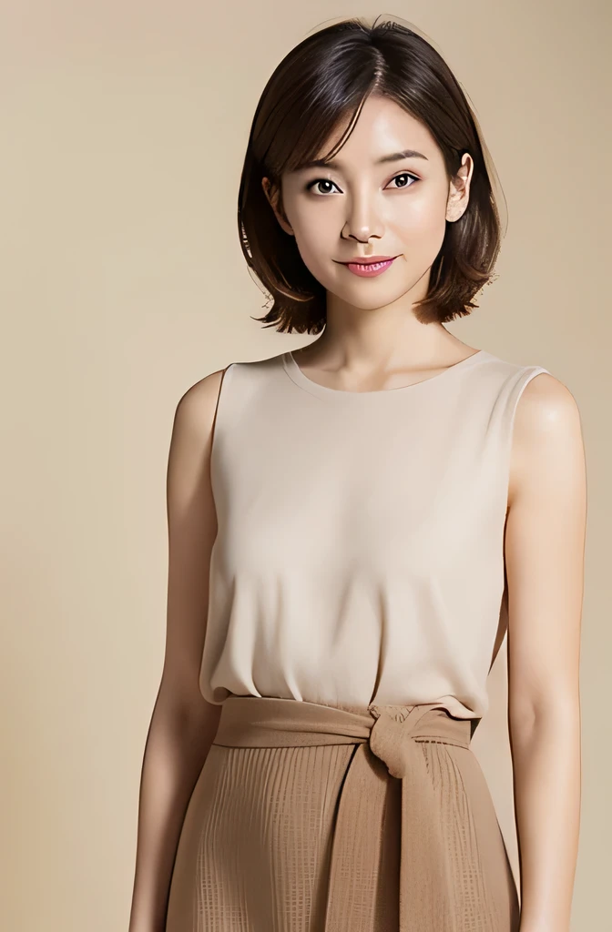 masuter piece, top-quality, masterpiece, hight resolution, Photorealsitic, Raw photography, 8k wallpaper, flawless, profetional lighting, ighly detailed, depth of fields,Pale solid color background, ((One beautiful woman)), ((14years)), Female sexy, Detailed face, beautidful eyes, bangss, small breasts of good shape, light brown short straight hair, Faint lips, ((standing at front、Staring at the viewer'serious face eyes.)),Sweaters, skirt by the, foot out of frame