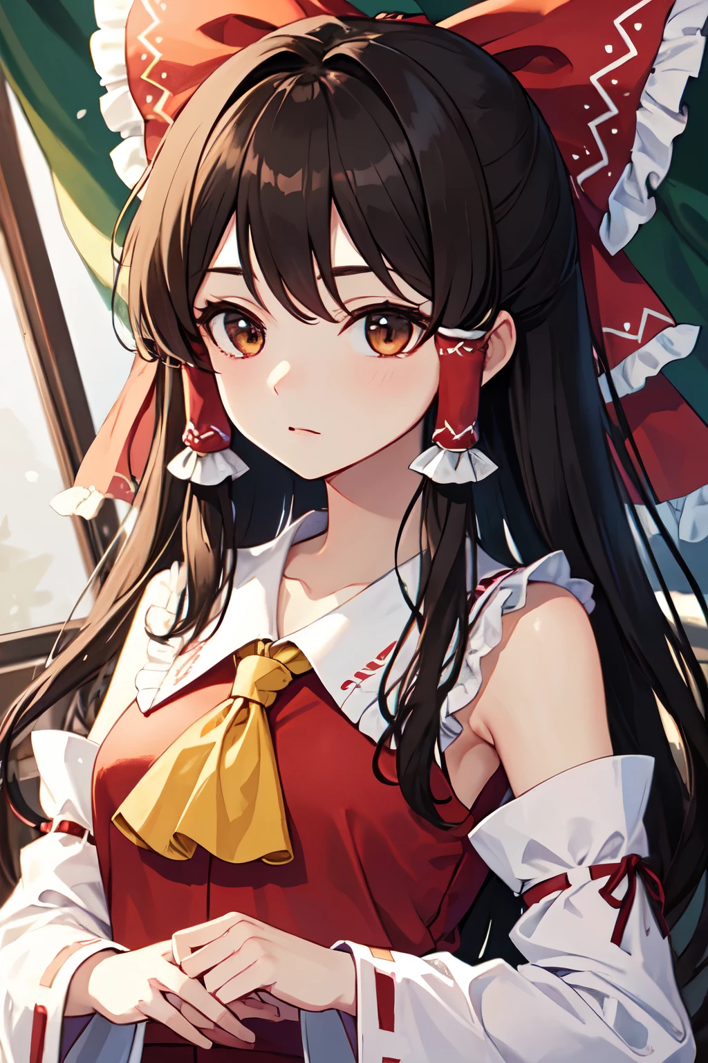 detailed background, masterpiece, best quality, 1girl, hakurei reimu, brown hair, hair tubes, hair ribbon, brown eyes, touhou project