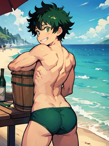 (masterpiece), best quality, izuku midoriya, a boy, wearing small green underwear, naked body, full view of his body from behind, turning his head to look at the viewer, bending over a table under and umbrella on the beach, ocean beach, bending over, looking over his shoulder, looking back, expressive eyes, grinning teeth, big smile, freckles, realistic body, perfect body, muscular, skinny