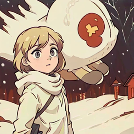 Young short finnish girl, blonde short hair, brown eye, finnish bread bag, winter forrest snowing, winter clothes