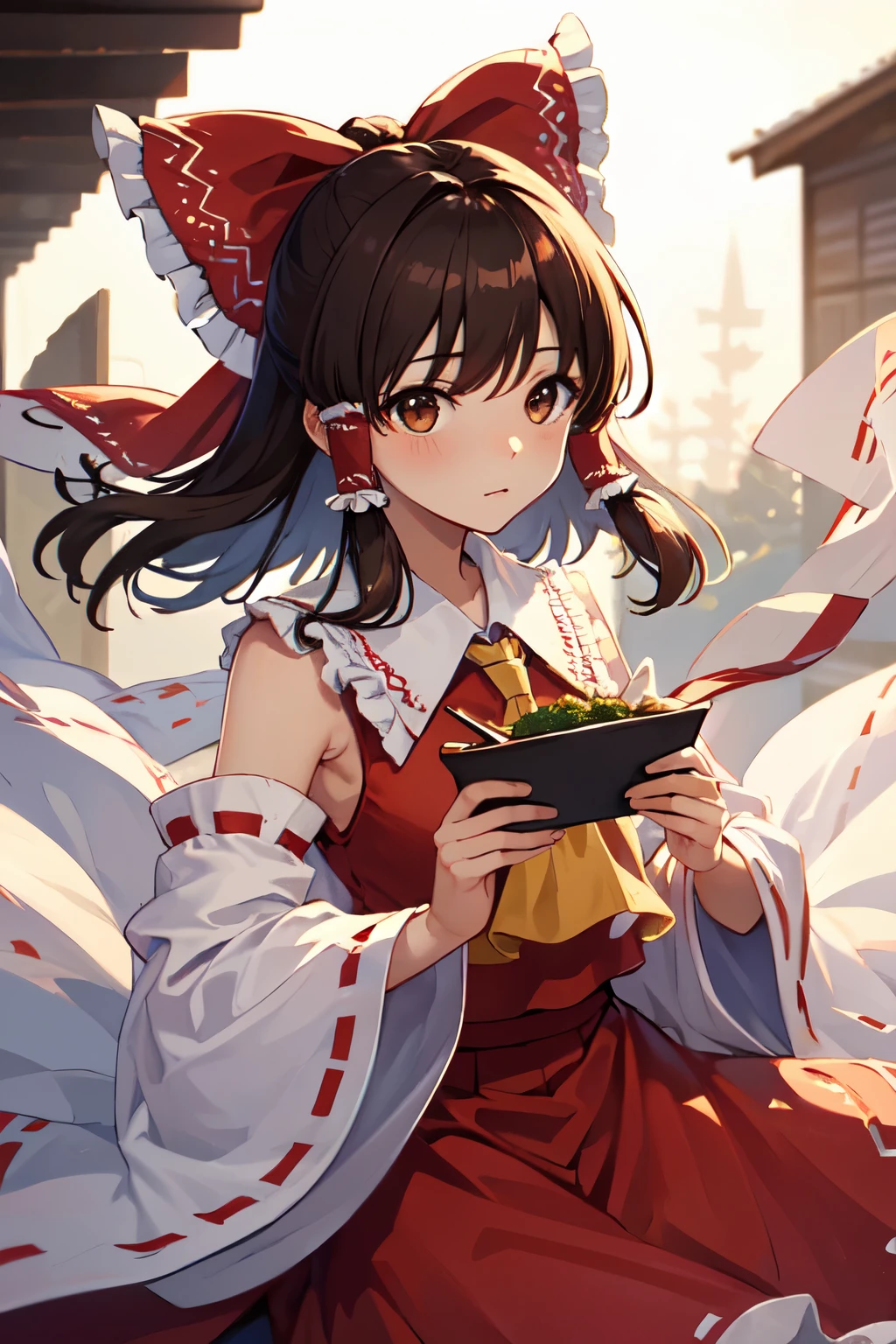 detailed background, masterpiece, best quality, 1girl, hakurei reimu, brown hair, hair tubes, hair ribbon, brown eyes, touhou project