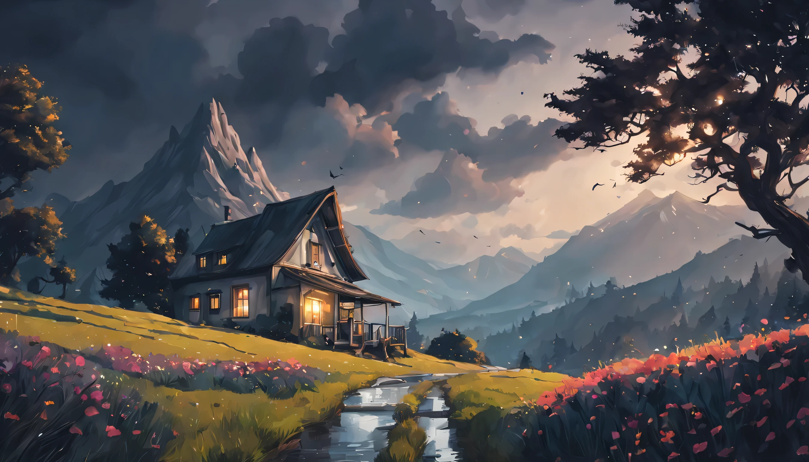 beautiful rainy night, mountains, a dream house, night, calm, alone, art, realistic, hyper-realistic, highly detailed, realism, 32k, photography, hdr, 1080p, cinematic, Hyperrealistic, splash art, concept art, fictional environment, mid shot, intricately detailed, colour depth, dramatic, side light, colourful background, beautifully shot, perfect composition, atmospheric, moody, happy,