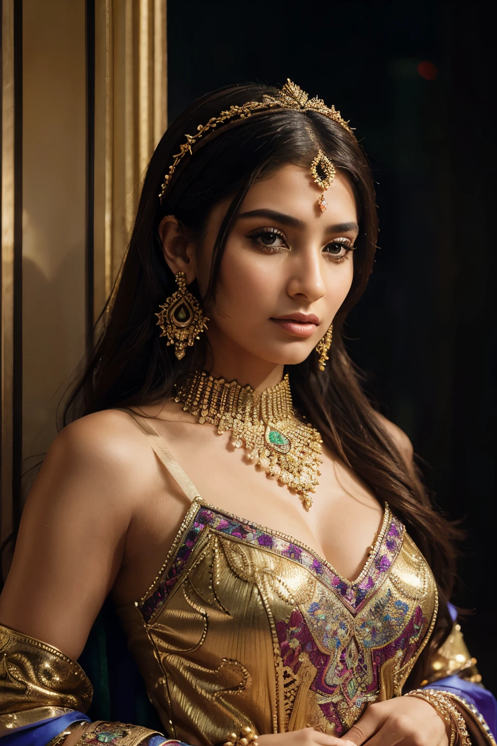 Hyperrealistic portrait of a beautiful arabic princess wearing intricately detailed colorful clothing and futuristic jewellery.