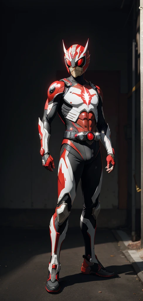 Kamen Rider, Red eyes, White Gear, standing, full body, Red symbol