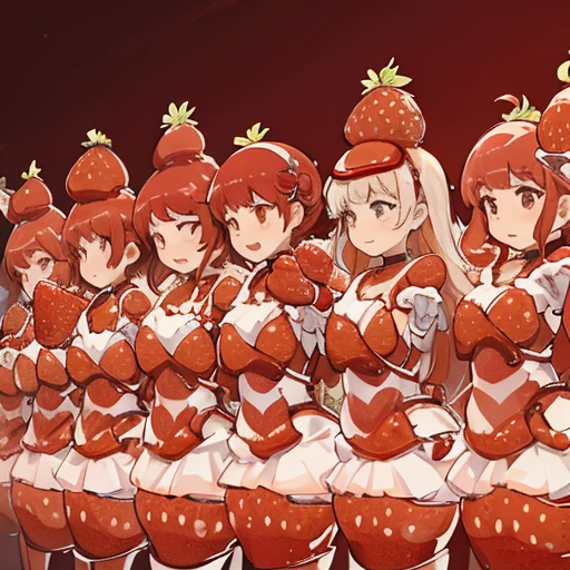 A pastry chef covered in strawberry sauce calling out strawberries、Amazing dynamism、Amazing Angle、Unstable buoyancy sandstorm、Many friendly strawberries float closely together and chase each other.。surround each other'strawberry、in group photograph、