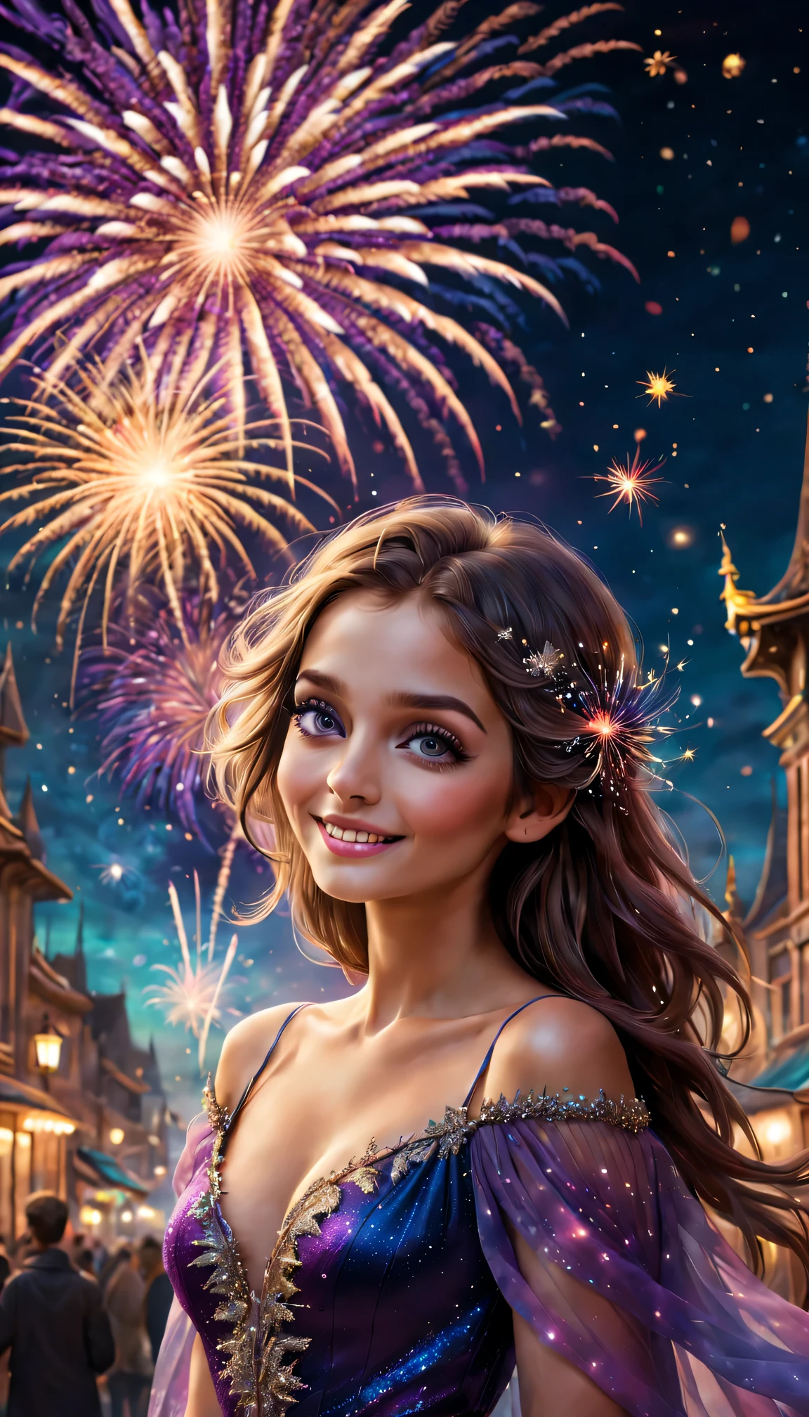 (Best quality at best,4K,8K,A high resolution,tmasterpiece:1.2),ultra - detailed,(actual,photoactual,photo-actual:1.37),Colorful, A vibrant, Absolutely stunning, Breathtaking magical New Year&#39;s Eve sky filled with extravagant fireworks display, featuring bursts of A vibrant colors and mesmerizing patterns. The night is illuminated by dazzling lights, Create a whimsical、enchanting atmosphere. Fireworks paint the sky with brilliant colors, from brilliant blues to A vibrant purples, Create truly mesmerizing spectacles. Cute girl standing in awe, her eyes filled with wonder and joy as she gazes up at the sparkling sky. as she embraces the magical atmosphere around her，Her bright smile lights up the night.

The fireworks themselves are carefully crafted, Each explosion sparks the imagination with its intricate shapes and dazzling brilliance. when they explode in the air, They leave a trail of flickering sparks，gradually disappear into darkness, Add a touch of ephemeral beauty to the scene.

The whole work is full of otherworldly atmosphere, psychedelic style, Blurring the line between reality and dreams. Colors blend into each other and blend into one, Create surreal and immersive experiences. The whimsical elements in the scene bring the audience into a fairy tale world, and anything is possible.

The overall lighting of the scene is carefully designed，Enhance the magic and beauty of the moment. The soft, Warm spotlight illuminates girl&#39;s face, highlighting her features and emphasizing her expression of awe and wonder. The light of the fireworks gave her a charming glow, Create a dreamy aura around her.

This artwork is a celebration of joy, wonder, and the beauty of New Year’s Eve. It captures the essence of the magical atmosphere，Inviting viewers to immerse themselves in the magic of the moment.