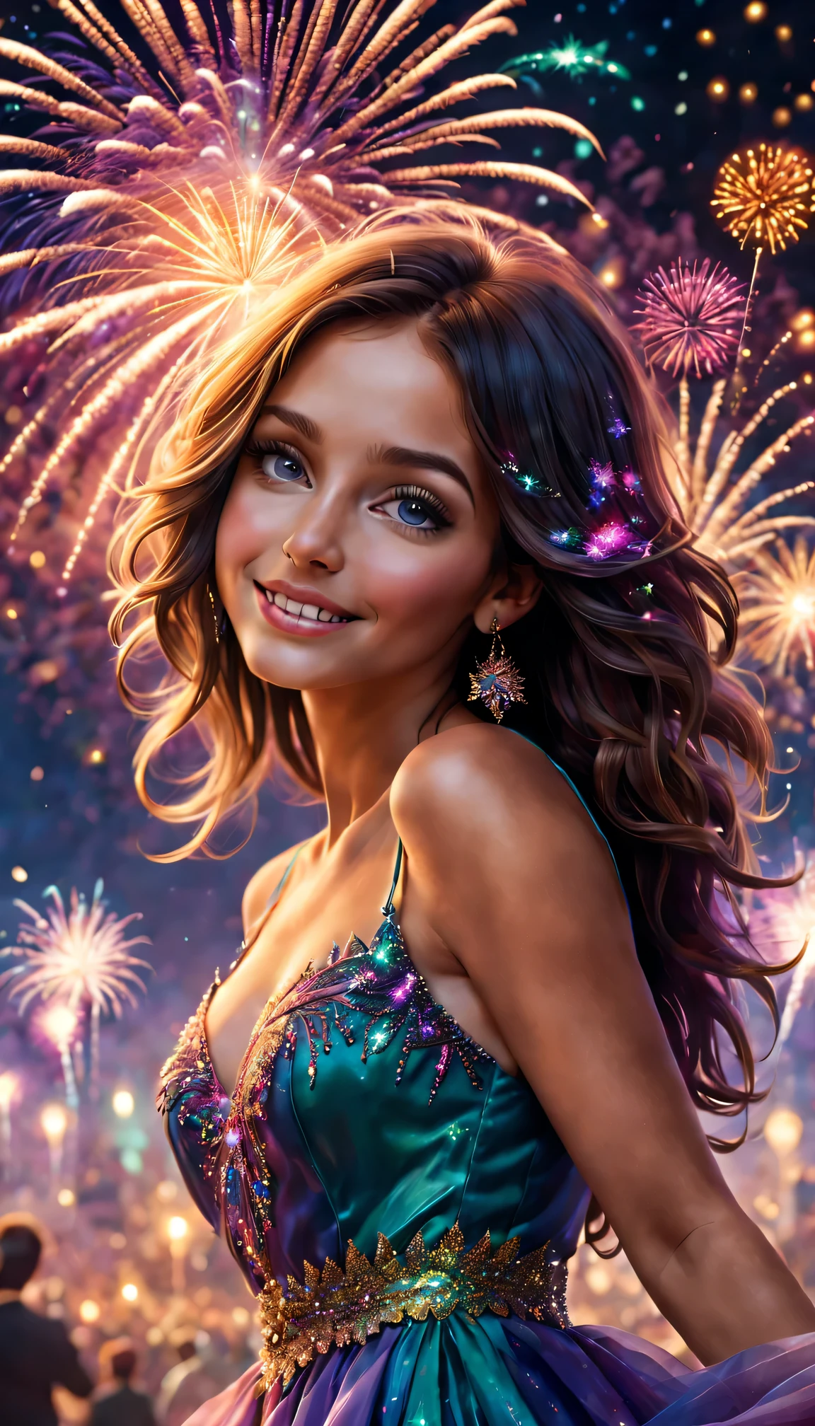 (Best quality at best,4K,8K,A high resolution,tmasterpiece:1.2),ultra - detailed,(actual,photoactual,photo-actual:1.37),Colorful, A vibrant, Absolutely stunning, Breathtaking magical New Year's Eve sky filled with extravagant fireworks display, featuring bursts of A vibrant colors and mesmerizing patterns. The night is illuminated by dazzling lights, Create a whimsical、enchanting atmosphere. Fireworks paint the sky with brilliant colors, from brilliant blues to A vibrant purples, Create truly mesmerizing spectacles. Cute girl standing in awe, her eyes filled with wonder and joy as she gazes up at the sparkling sky. as she embraces the magical atmosphere around her,Her bright smile lights up the night.
The fireworks themselves are carefully crafted, Each explosion sparks the imagination with its intricate shapes and dazzling brilliance. when they explode in the air, They leave a trail of flickering sparks,gradually disappear into darkness, Add a touch of ephemeral beauty to the scene.
The whole work is full of otherworldly atmosphere, psychedelic style, Blurring the line between reality and dreams. Colors blend into each other and blend into one, Create surreal and immersive experiences. The whimsical elements in the scene bring the audience into a fairy tale world, and anything is possible.
The overall lighting of the scene is carefully designed,Enhance the magic and beauty of the moment. The soft, Warm spotlight illuminates girl's face, highlighting her features and emphasizing her expression of awe and wonder. The light of the fireworks gave her a charming glow, Create a dreamy aura around her.
This artwork is a celebration of joy, wonder, and the beauty of New Year’s Eve. It captures the essence of the magical atmosphere,Inviting viewers to immerse themselves in the magic of the moment.