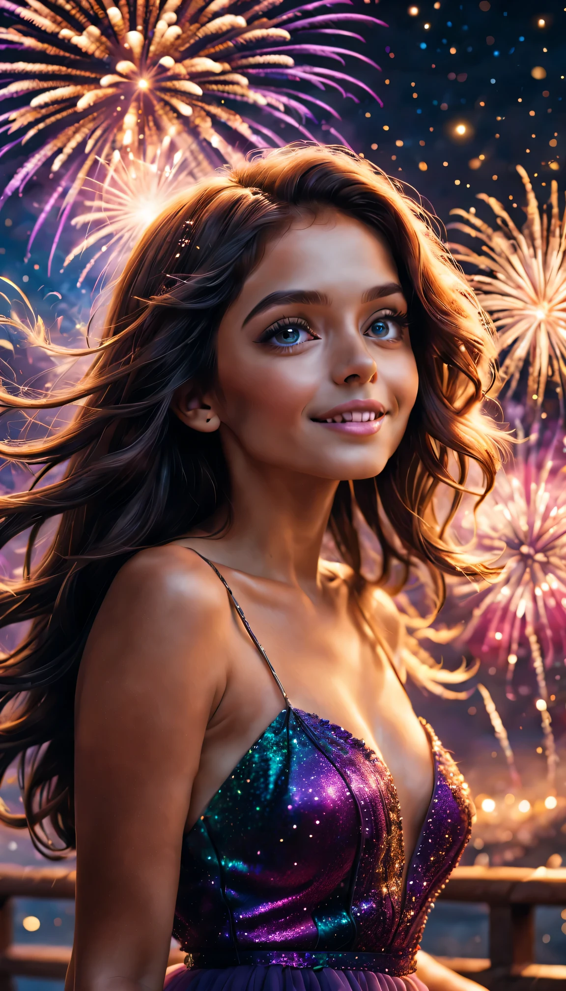 (Best quality at best,4K,8K,A high resolution,tmasterpiece:1.2),ultra - detailed,(actual,photoactual,photo-actual:1.37),Colorful, A vibrant, Absolutely stunning, Breathtaking magical New Year's Eve sky filled with extravagant fireworks display, featuring bursts of A vibrant colors and mesmerizing patterns. The night is illuminated by dazzling lights, Create a whimsical、enchanting atmosphere. Fireworks paint the sky with brilliant colors, from brilliant blues to A vibrant purples, Create truly mesmerizing spectacles. Cute girl standing in awe, her eyes filled with wonder and joy as she gazes up at the sparkling sky. as she embraces the magical atmosphere around her,Her bright smile lights up the night.
The fireworks themselves are carefully crafted, Each explosion sparks the imagination with its intricate shapes and dazzling brilliance. when they explode in the air, They leave a trail of flickering sparks,gradually disappear into darkness, Add a touch of ephemeral beauty to the scene.
The whole work is full of otherworldly atmosphere, psychedelic style, Blurring the line between reality and dreams. Colors blend into each other and blend into one, Create surreal and immersive experiences. The whimsical elements in the scene bring the audience into a fairy tale world, and anything is possible.
The overall lighting of the scene is carefully designed,Enhance the magic and beauty of the moment. The soft, Warm spotlight illuminates girl's face, highlighting her features and emphasizing her expression of awe and wonder. The light of the fireworks gave her a charming glow, Create a dreamy aura around her.
This artwork is a celebration of joy, wonder, and the beauty of New Year’s Eve. It captures the essence of the magical atmosphere,Inviting viewers to immerse themselves in the magic of the moment.