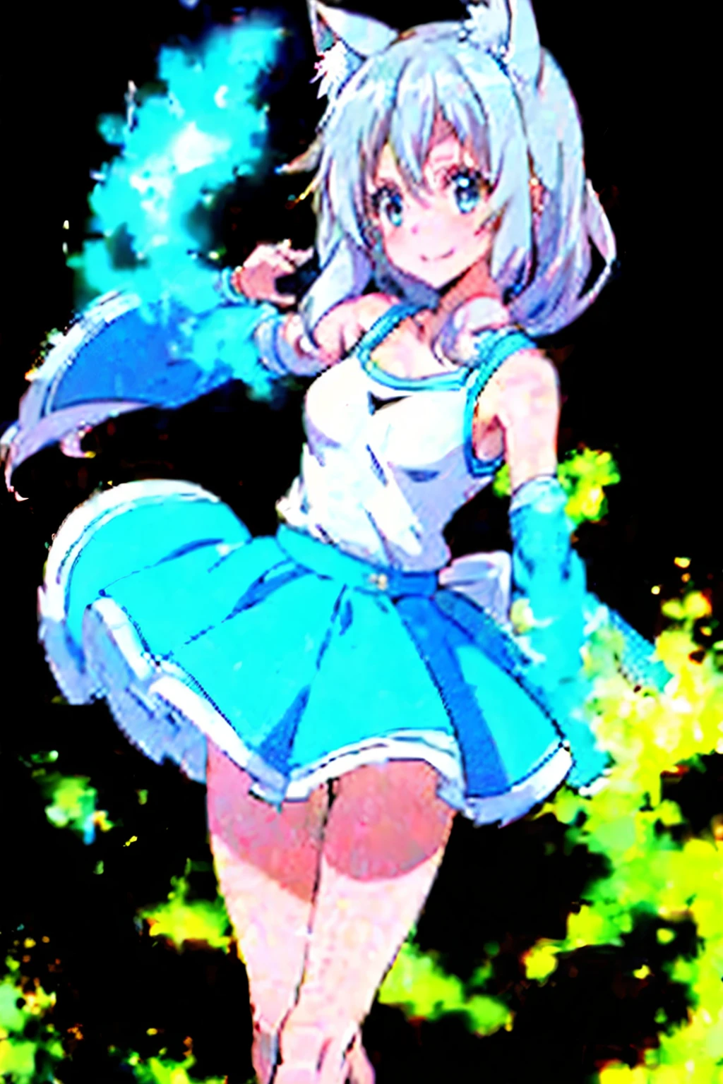 (​masterpiece), (Highest quality anime illustrations), (Supervision), one girls, 独奏, Silver-haired beautiful girl, Anime , Cat eared lolitite loli, liblue and white tennis wear, Short tank top, Smiling smile, discreet breasts, open stance, thighs thighs thighs thighs，Shy laughter,Long,