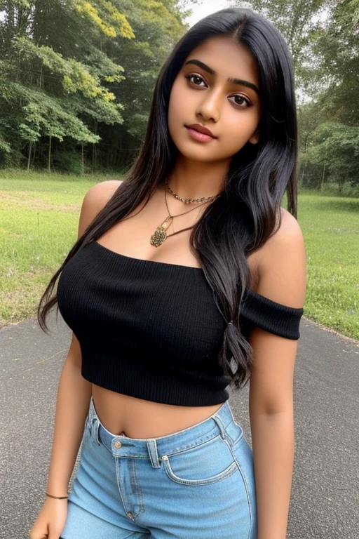 Indian 1girl in, age19, Solo, Long hair, Colossal tits, Looking at Viewer, black hair, Bare shoulders, Brown eyes, jewely, Full body, a necklace, off shoulders, Sweaters, Realistic, A sexy