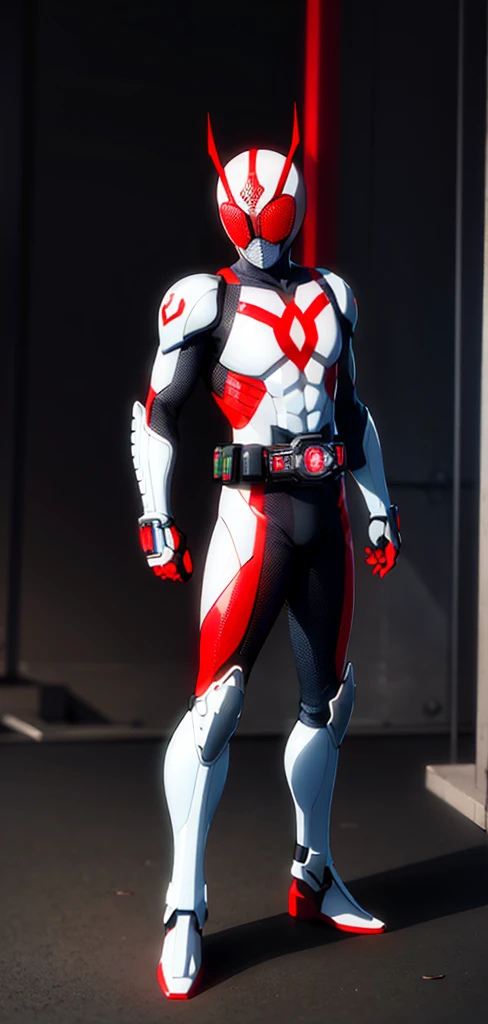 Kamen Rider, Red eyes, White Gear, standing, full body, Red symbol