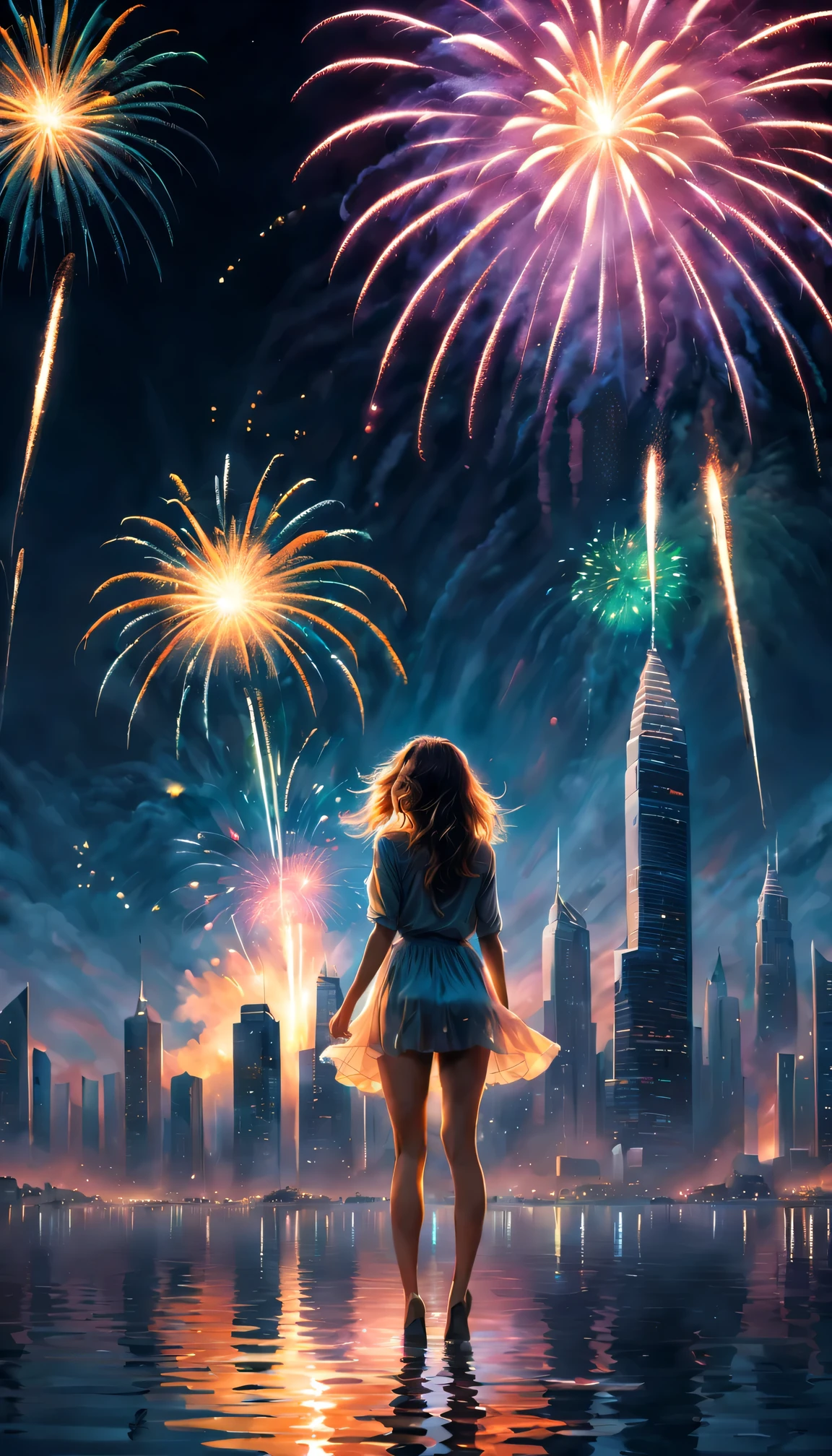 Best quality at best,4K,8K,A high resolution,tmasterpiece:1.2,ultra - detailed,actual:1.37,sportrait,The landscape,painting of a,illustratio,oil painting of a,double exposure effect,girl,as she embraces the magical atmosphere around her,Her bright smile lights up the night,festive atmosphere,Grand fireworks show in the night sky,Sparkling fireworks,Reflection on the surface of the water,captivating coloration,Romantic atmosphere,futuristic skyscraper,tall building,reaching for the sky,glowing neon lights,Stunning architectural design,Twinkling stars,Ring in the New Year,overwhelming excitement,Magical moments,Inspiring artistic creations