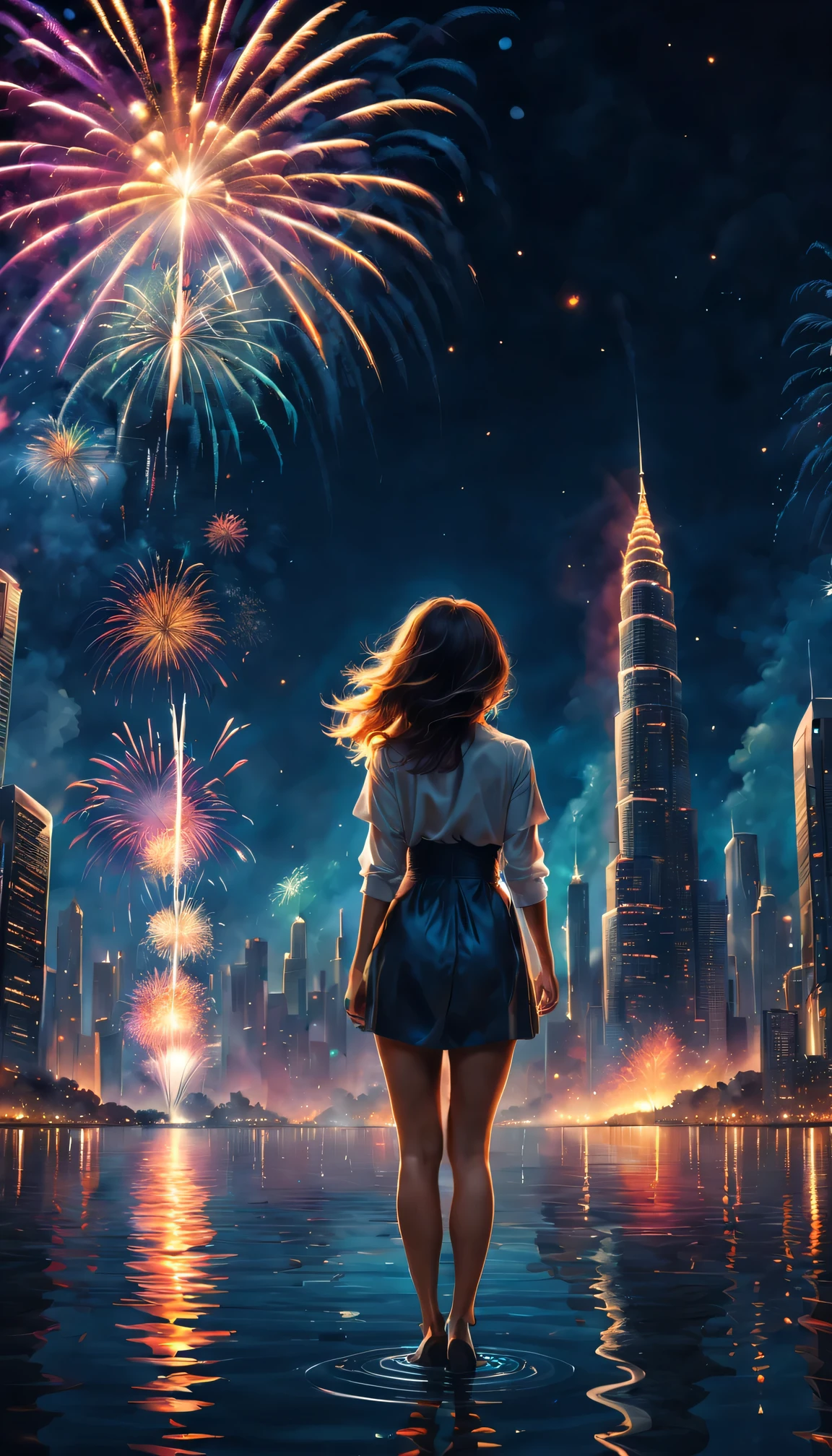 Best quality at best,4K,8K,A high resolution,tmasterpiece:1.2,ultra - detailed,actual:1.37,sportrait,The landscape,painting of a,illustratio,oil painting of a,double exposure effect,girl,as she embraces the magical atmosphere around her,Her bright smile lights up the night,festive atmosphere,Grand fireworks show in the night sky,Sparkling fireworks,Reflection on the surface of the water,captivating coloration,Romantic atmosphere,futuristic skyscraper,tall building,reaching for the sky,glowing neon lights,Stunning architectural design,Twinkling stars,Ring in the New Year,overwhelming excitement,Magical moments,Inspiring artistic creations