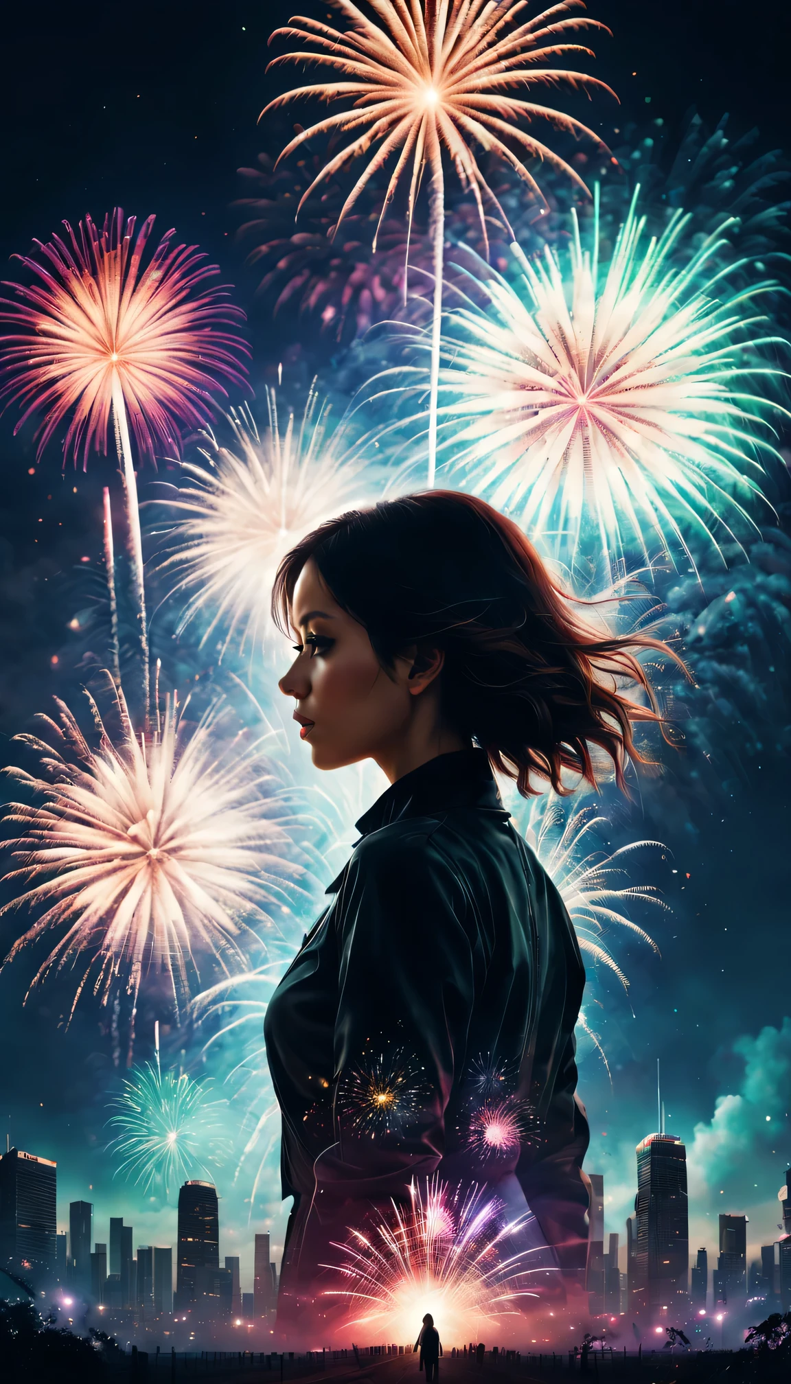 (filmposter),wide wide shot,Expansive night sky,new year,(A grand fireworks display),(Girl silhouette texture clear),(double exposure effect),vivd coloong exposure technology),creative composition,artsy photography,hight contrast,soft focus,vague background,(multiple exposure),Different Perspectives,A futuristic,Tall structures、(overlay images)、Surreal atmosphere、(Best quality at best,4K,8K,A high resolution,tmasterpiece:1.2),ultra - detailed,(actual,photoactual,photo-actual:1.37),