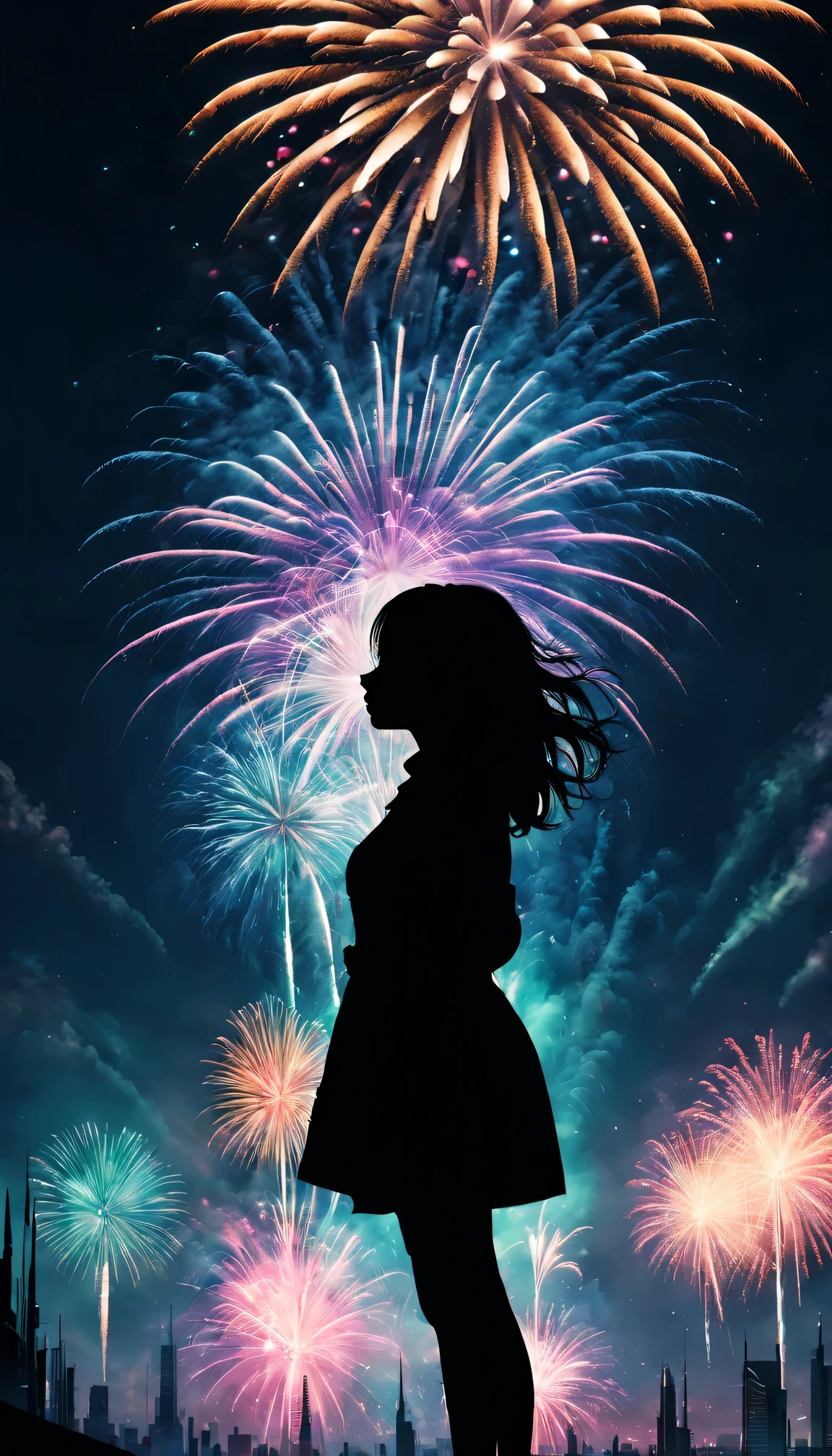 (filmposter)，wide wide shot，Expansive night sky，new year，(A grand fireworks display)，(Girl silhouette texture clear)，(double exposure effect)，vivd coloong exposure technology)，creative composition，artsy photography，hight contrast，soft focus，vague background，(multiple exposure)，Different Perspectives，A futuristic，Tall structures、(overlay images)、Surreal atmosphere、(Best quality at best,4K,8K,A high resolution,tmasterpiece:1.2),ultra - detailed,(actual,photoactual,photo-actual:1.37),
