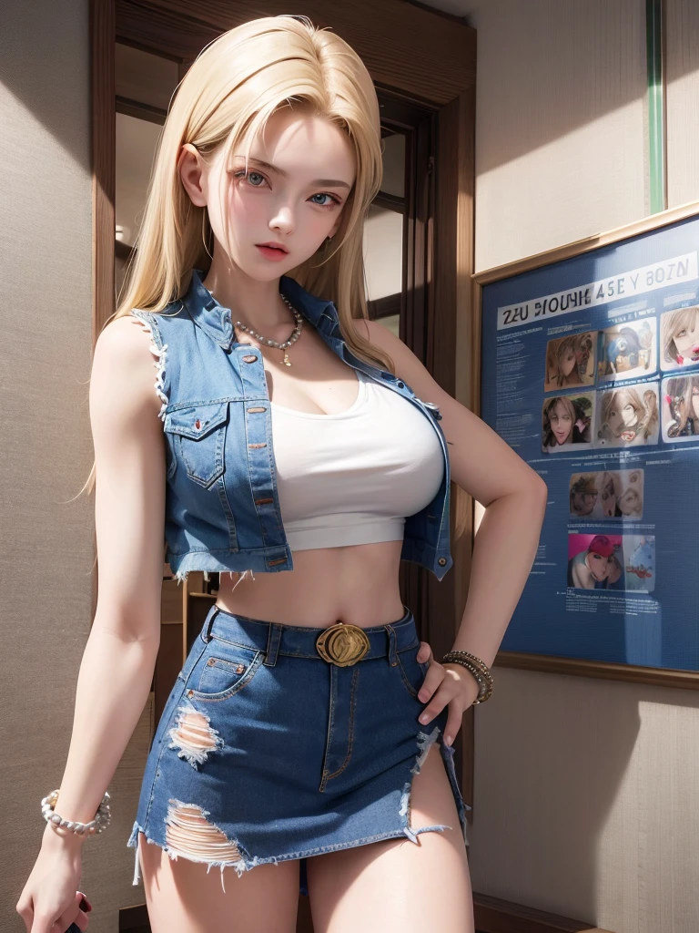 8K、Actual image、intricate detailes、ultra-detailliert、(Photorealsitic)、1girl in, Android 18, blonde  hair, blue eyess, pearls_Necklace, A bracelet, length hair,  耳环, ((Big breasts exposed through sleeveless denim jacket with open front)), (red nipple), (jeans mini skirt), a belt, In the street