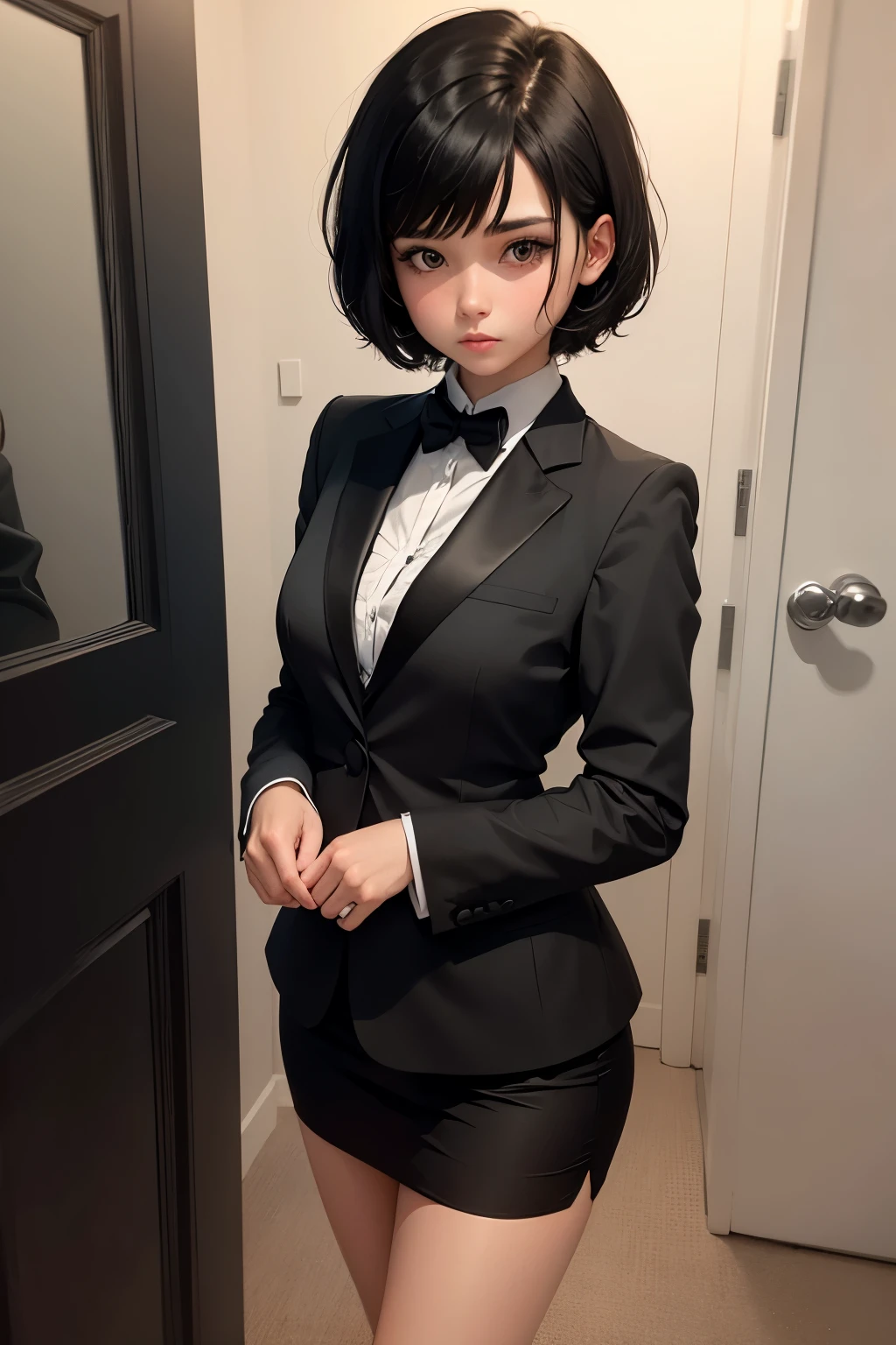 cute girl, Short black hair, wearing a black formal suit