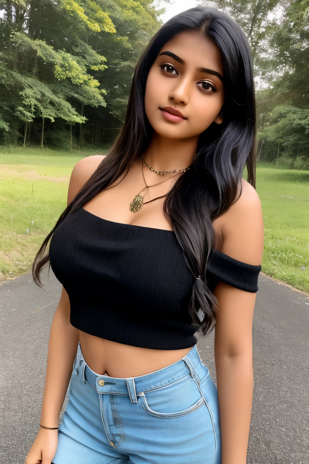 Indian 1girl in, age19, Solo, Long hair, Colossal tits, Looking at Viewer, black hair, Bare shoulders, Brown eyes, jewely, Full body, a necklace, off shoulders, Sweaters, Realistic, A sexy
