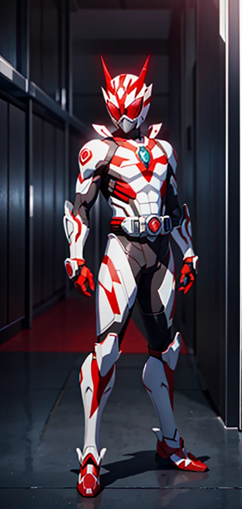 Kamen Rider, Red eyes, White Gear, standing, full body, Red symbol