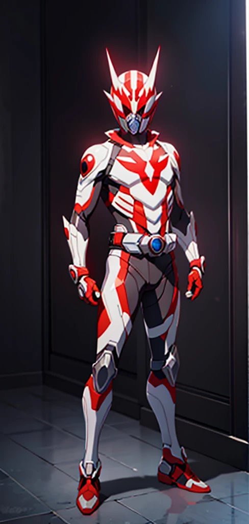Kamen Rider, Red eyes, White Gear, standing, full body, Red symbol