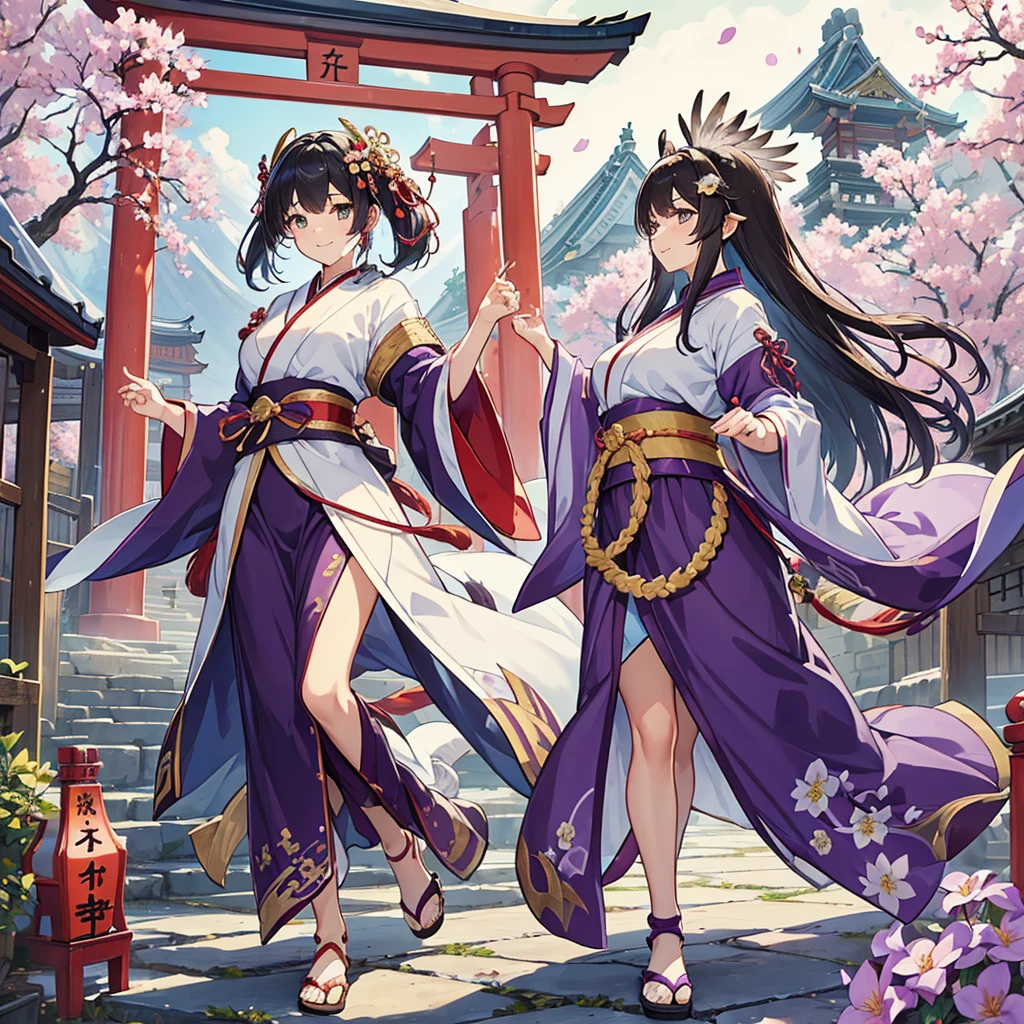 (The first number is Fuji, The second one is a hawk, And the third one is eggplant, All new year celebrations will be displayed:1.6),
Facing forward, Main Research Topics: Shoryu and Shrine Maiden, Bright lighting, sub subjects: dancing shrine maidens, Character nationality: Japanese, Character Pose: Performing a dance, Character characteristics beautiful, 文字表現: happy and blessed, character hairstyle: Traditional shrines maiden hairstyle, character hair color: Black, character costume: Traditional shrines maiden attire, Character Eyes: Elegant gaze, character mouth: Smiling, character&#39;s eye color: brown, character skin texture: , Exposing the character&#39;s skin: Moderate exposure, Character bust size: Natural Size, character age: 年轻, Character body shape: Graceful, character sexuality: Gentle charm, character accessories: sacred accessories, character items: holding a dancing fan, character shoes: Traditional shrines maiden's sandals, character embroidery: Delicate embroidery, surrounding animals/pet: gentle dragon, location: Shrine precincts, Background: new year atmosphere, Background effects: petals swirling in the air, Background buildings/structures: Traditional shrines, Background natural elementlue sky and plum blossoms, Weather: Clear, Time of day: day, Atmosphere: sacred and celebratory, (The background is rich and delicate:1.3)