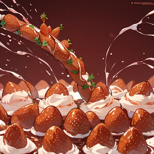 Strawberry chocolate-covered pastry chef calling out strawberries、Amazing dynamism、Amazing Angle、Unstable buoyancy sandstorm、((((Many friendly strawberries float closely together and chase each other.))))。surround each other'strawberry、