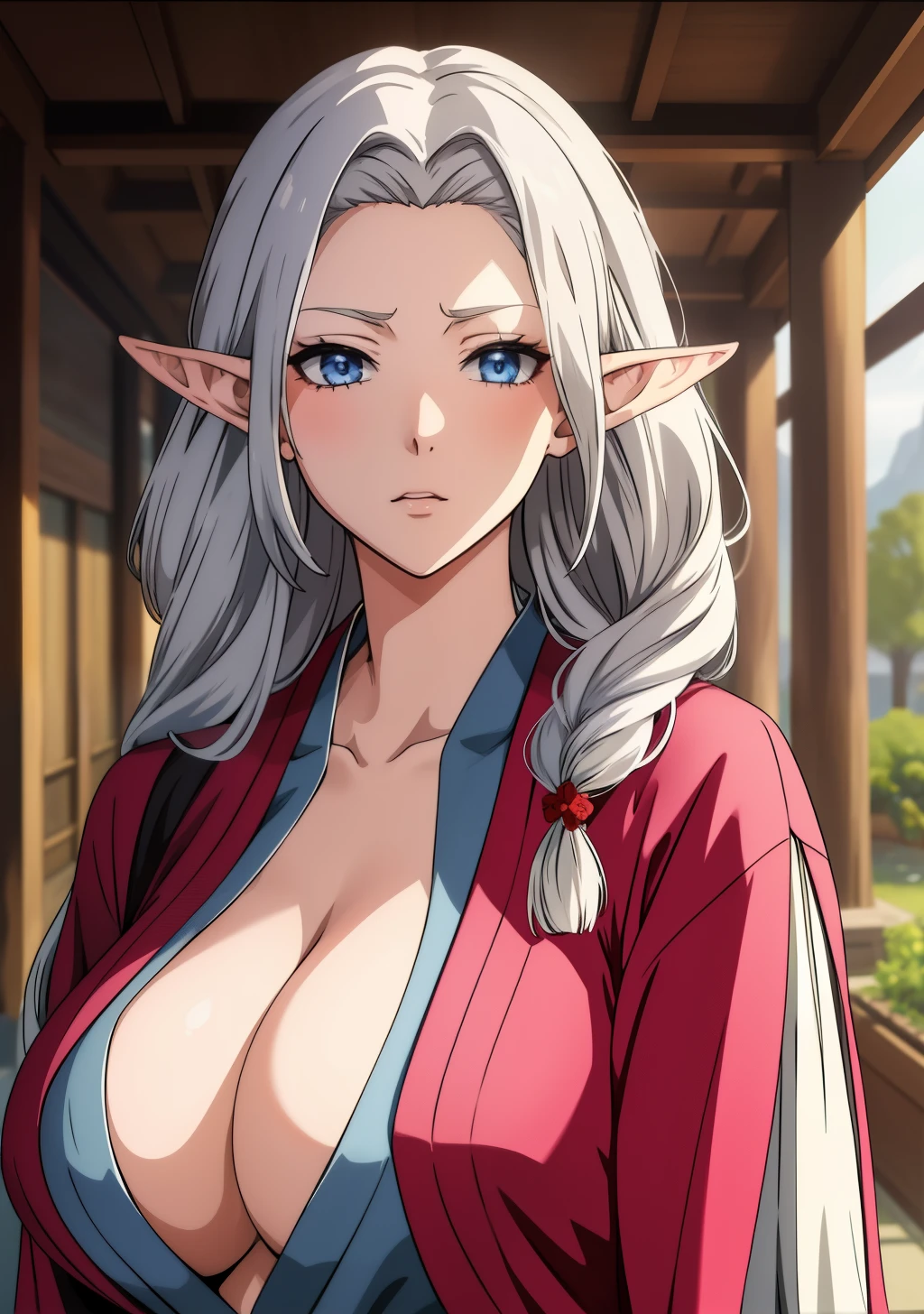 Kimono, huge tits, busty, silver hair, elf ears, blue eyes, long hair, detailed, masterpiece, best quality, 4K, HDR, shrine, upperbody, emotionless, single braided hair front