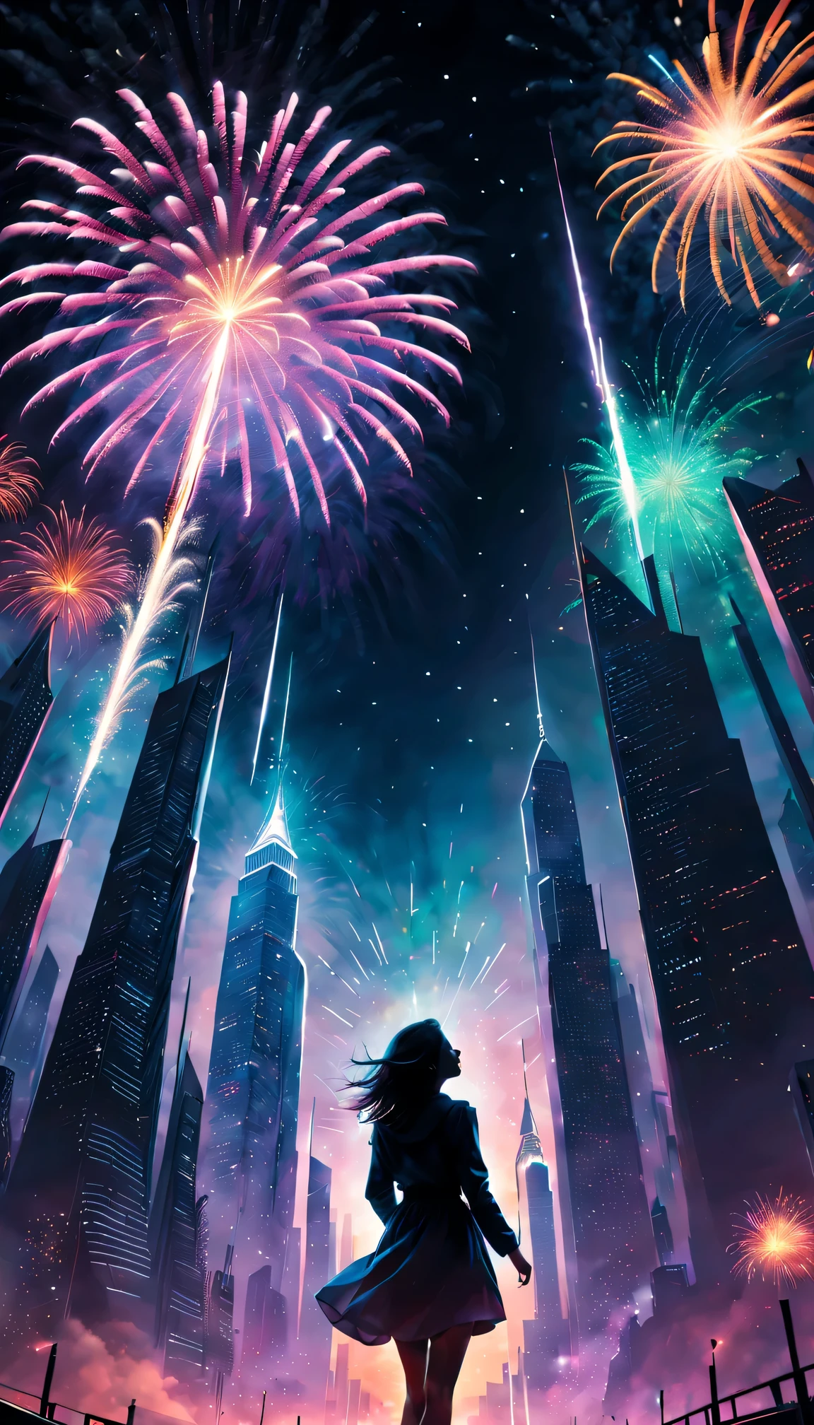 Best quality at best,4K,8K,A high resolution,tmasterpiece:1.2,ultra - detailed,actual:1.37,sportrait,The landscape,painting of a,illustratio,(oil painting of a),(double exposure effect),Girl silhouette texture clear,festive atmosphere,Grand fireworks show in the night sky,Sparkling fireworks,captivating coloration,Romantic atmosphere,futuristic skyscraper,tall building,reaching for the sky,glowing neon lights,Stunning architectural design,Twinkling stars,Ring in the New Year,overwhelming excitement,Magical moments,Inspiring artistic creations
