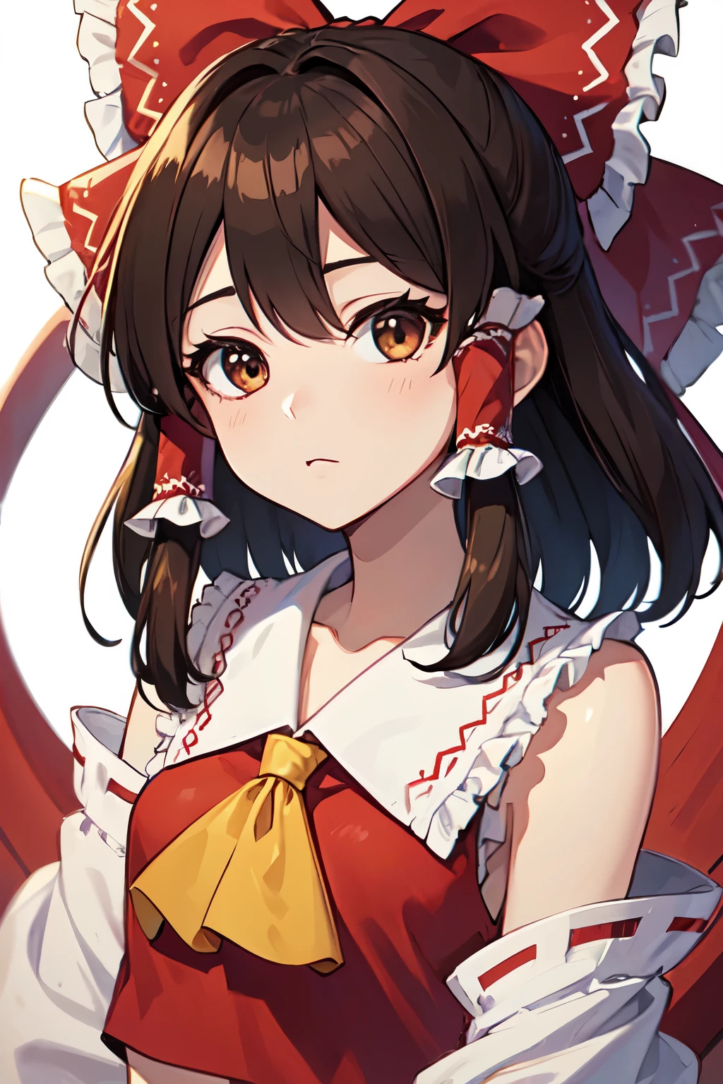 detailed background, masterpiece, best quality, 1girl, hakurei reimu, brown hair, hair tubes, hair ribbon, brown eyes, touhou project
