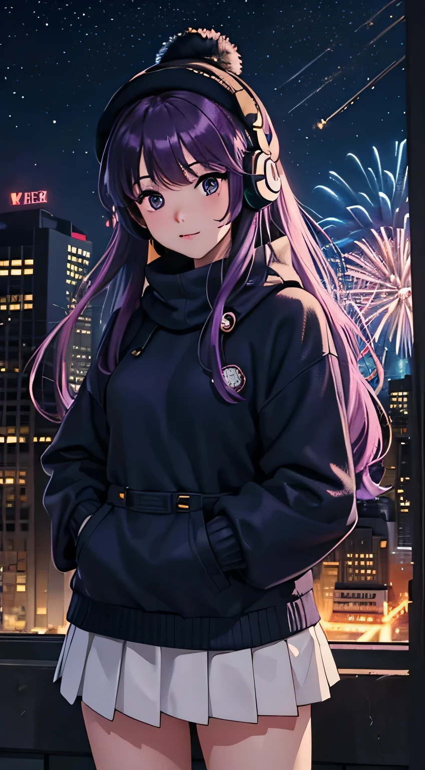 Masterpiece, best quality, super detailed, illustration, lofi relaxed one Japanese girl with headphones and purple hair walks in roof of a building in NYC. (helicopter) in roof of building. winter night. beautiful landscape of NYC with statue of liberty, (fireworks) in night sky. travel. tourist. sweater, gloves, winter hat. long hair. new year eve