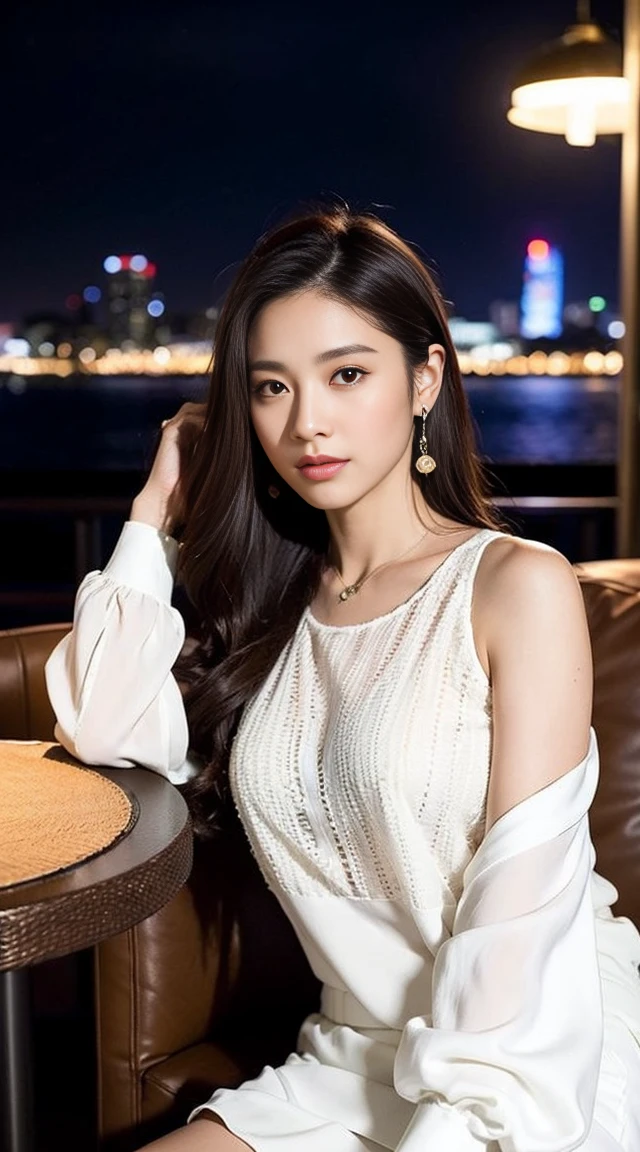 dark brown hair、Light brown eyes、The face of the Japan actress、 Lady、i look like him;I&#39;m about 40 years old.、(intricate-detail:1.2)、(top-quality:1.4)、 (超A high resolution:1.2)、超A high resolution、(A detailed eye)、(detailed facial features)、nffsw、8K resolution、D-cup size breasts、length hair、singapore terrace restaurant、night view of singapore、Sit comfortably on a sofa on the terrace of a cafe overlooking the night sky......、Relaxing、Leaning on the backrest、Zara Clothes、ZARA coordination、trendy casual clothes、An expression that seems to have lost its power、White clothes、
