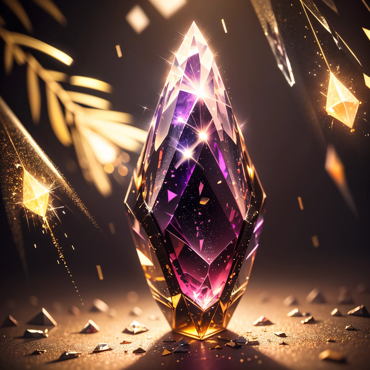 A large, big diamond with magical qualities, beautiful, magical colors, bright glimmering, fireworks in the background, in a vibrant and mesmerizing display of light and color. (best quality, highres, ultra-detailed), (precious stone, gemstone, diamond), (shattered, broken), (sparkling, glimmerinagical), (glitter, particles), (vibrant colors), (mesmerizing light), (reflections, refract light), (shadows, contrast), (crystals), (shards, fragments), (intricate details), (rich textures), (mystical aura)