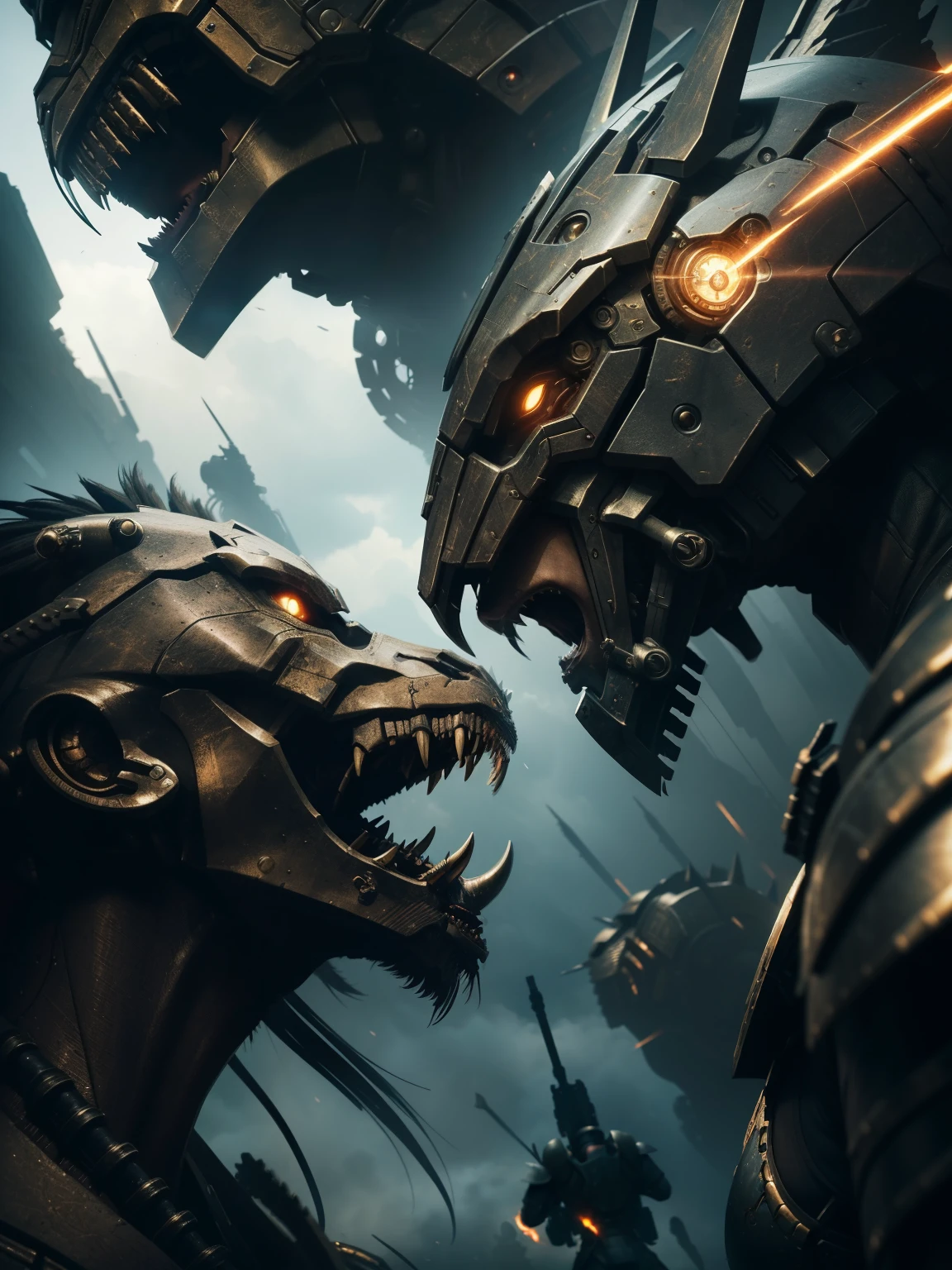((best quality)), ((masterpiece)), (detailed:1.3), Epic confrontation unfolding between a futuristic cyberpunk female warrior and a prehistoric mechanical beast, dynamic clash of eras, the warrior armed with advanced weaponry facing the primal creature, (timeless battle:1.4), atmospheric lighting highlighting the tension, intricate details in the characters, captured in a dramatic close up  shot. [ extreme close up ]