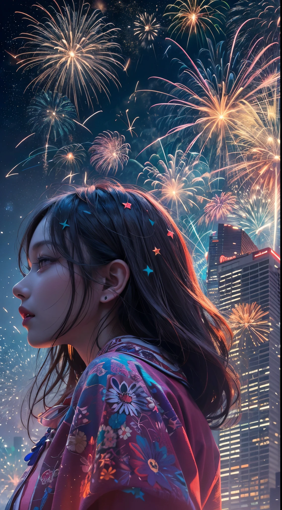 portrait,landscape,painting,illustration,(double exposure effect),Girl silhouette distinct texture,festive atmosphere,grand fireworks display in the night sky,sparkling fireworks,mesmerizing colors,romantic ambiance,futuristic skyscrapers,tall buildings,reaching towards the sky,glowing neon lights,amazing architectural design,twinkling stars,celebration of the new year,overwhelming sense of excitement,magical moment,inspiring and artistic composition. best quality,4k,8k,highres,masterpiece:1.2,ultra-detailed,realistic:1.37,