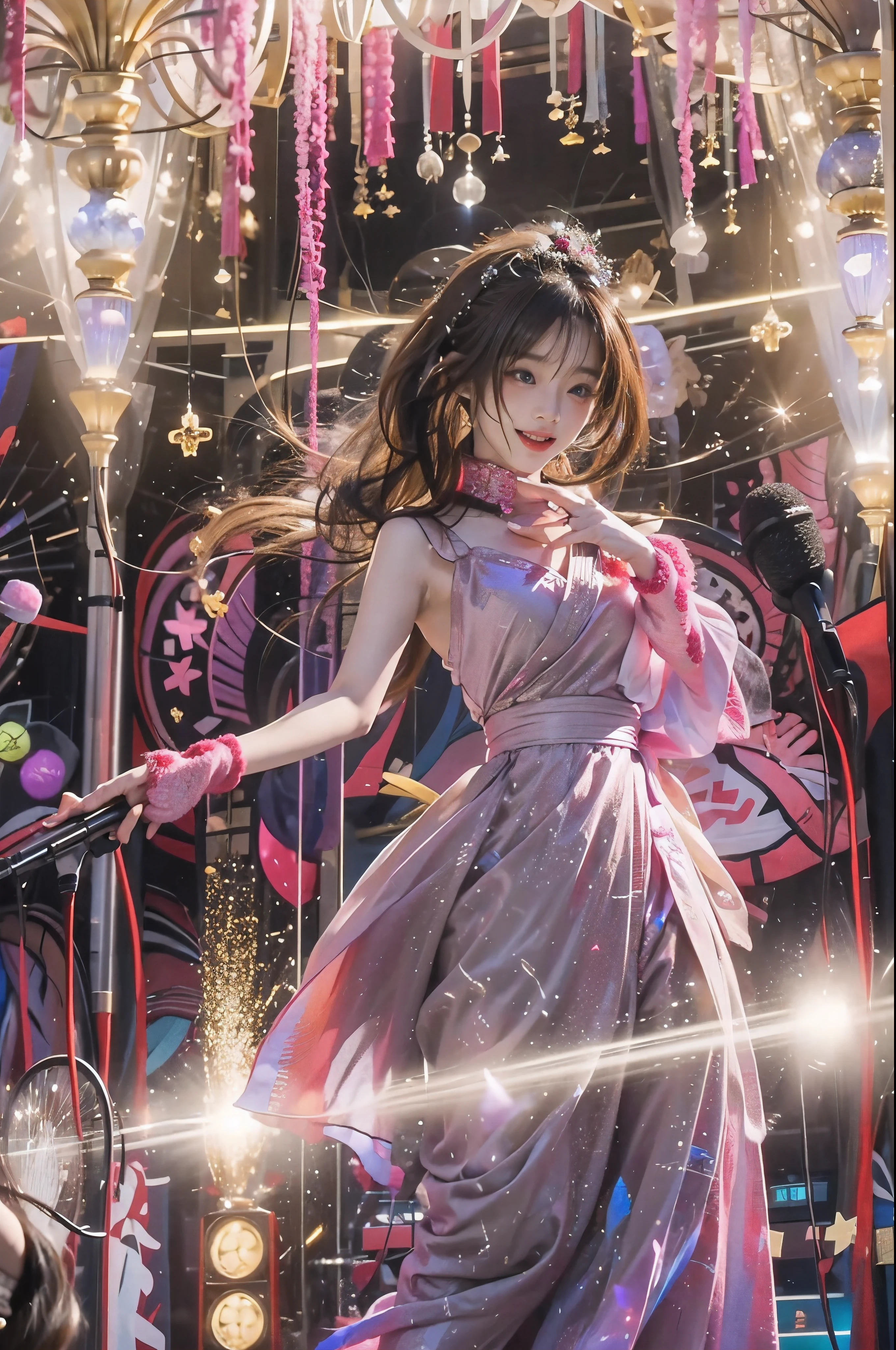 On the annual stage "Kohaku Uta Gassen," A 28-year-old brunette with messy hair stands poised., clutching the microphone. The atmosphere is electric, Set in a luxurious venue decorated with dazzling lights and vibrant decorations. when she starts singing, the air is filled with celebration, Create a fun and festive atmosphere. Capture the essence of this moment with a vivid depiction of her performance, gorgeous environment, and a general atmosphere of jubilation.