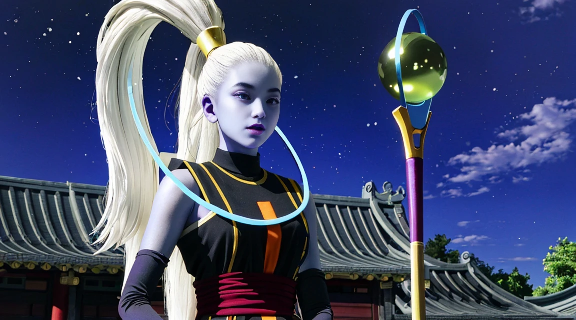 (extremely detailed CG unity 4k wallpaper),(masterpiece),(ultra quality),(ultra-detailed),(best illustration),(best shadow),(absurdres),(detailed background), Vados (Angel of Universe 6), 1girl, staff, long hair, solo, hair pulled back, colored skin, high ponytail, white hair, purple eyes, sleeveless, dress, chinese dress, qipao, ponytail, blue skin, looking at viewer, purple lips, very long hair