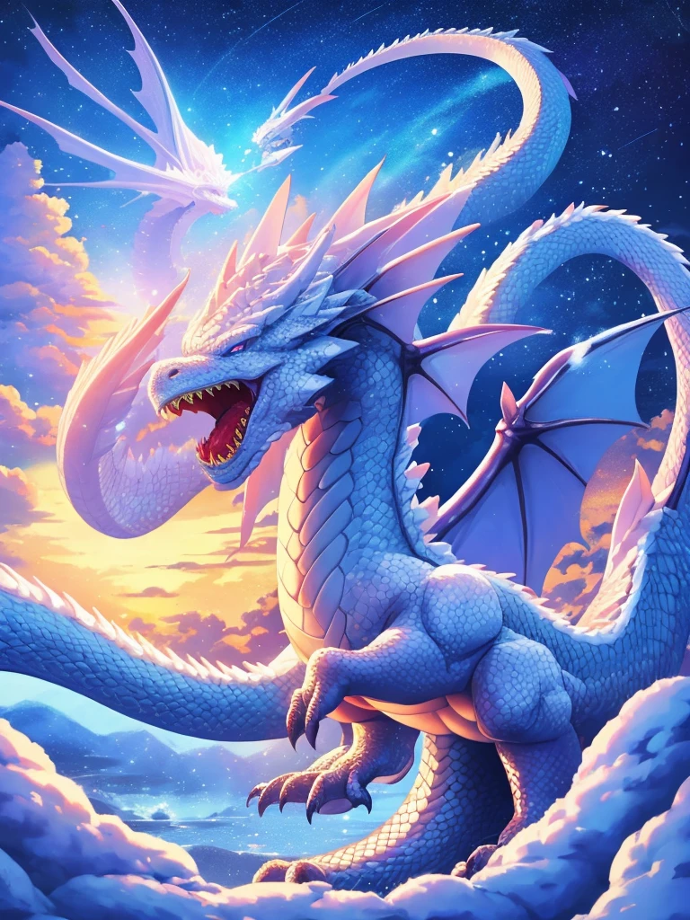 Winter, heavy snowfall, a long dragon flying in the sky, blue dragon, no characters, no one, highest quality picture