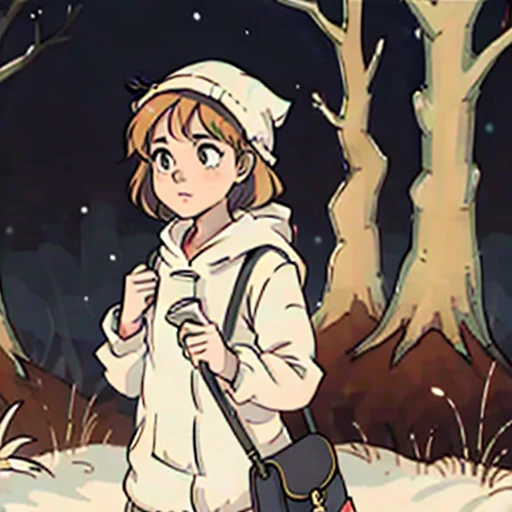 Young short finnish girl, blonde short hair, brown eye, brown cross bag, winter forrest snowing, sunset, winter coat, brown berret, alone in the woods traveling