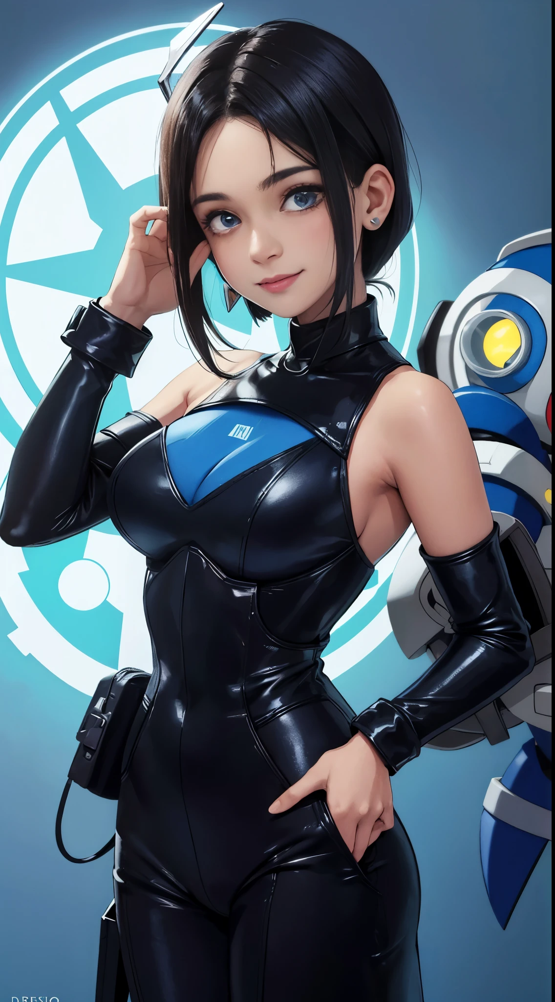 centered, digital art, upper body, (beautiful detailed eyes:1.2), | solo, woman, wearing the blue cybernetic armor with black parts of Megaman-X, tight bodysuit, brown hair, short hair, bangs, blue eyes, muscular proportions, | in a dungeon made all of metal, | bokeh , depth of field, | Megaman-X,