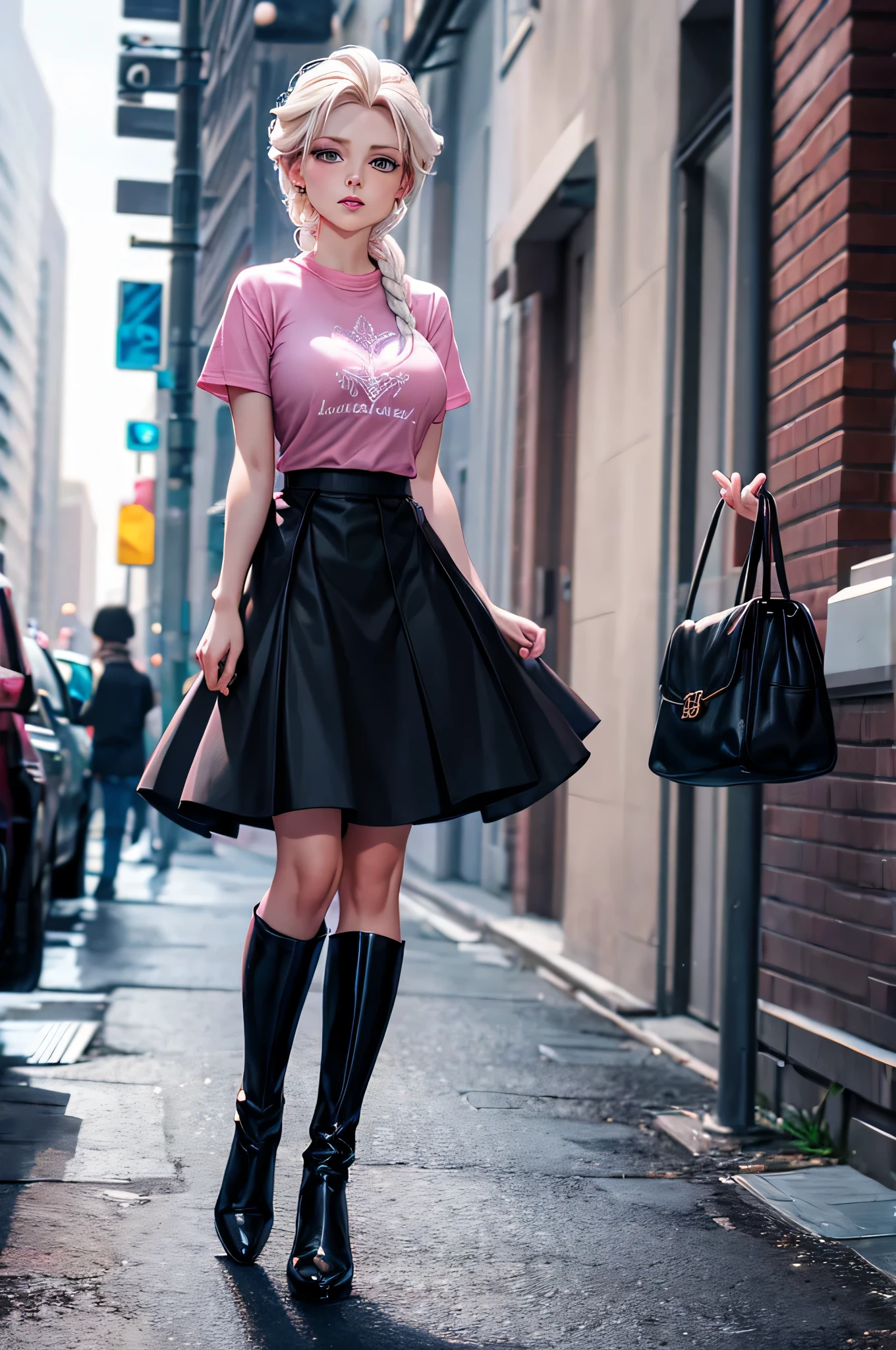 Elsa Frozen, pink t-shirt, black skirt, black boots, black coat