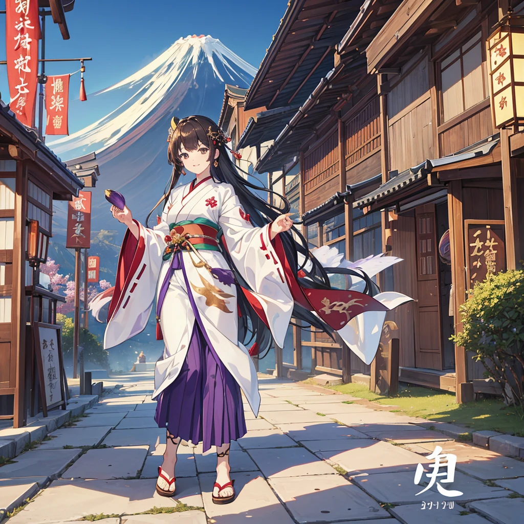 (The first number is Mt Fuji, The second one is a big hawk, And the third one is a big eggplant, All new year celebrations will be displayed:1.6),
Facing forward, Main Research Topics: Shoryu and Shrine Maiden, Bright lighting, sub subjects: dancing shrine maidens, Character nationality: Japanese, Character Pose: Performing a dance, Character characteristics beautiful, 文字表現: happy and blessed, character hairstyle: Traditional shrines maiden hairstyle, character hair color: Black, character costume: Traditional shrines maiden attire, Character Eyes: Elegant gaze, character mouth: Smiling, character&#39;s eye color: brown, character skin texture: , Exposing the character&#39;s skin: Moderate exposure, Character bust size: Natural Size, character age: 年轻, Character body shape: Graceful, character sexuality: Gentle charm, character accessories: sacred accessories, character items: holding a dancing fan, character shoes: Traditional shrines maiden's sandals, character embroidery: Delicate embroidery, surrounding animals/pet: gentle dragon, location: Shrine precincts, Background: new year atmosphere, Background effects: petals swirling in the air, Background buildings/structures: Traditional shrines, Background natural elementlue sky and plum blossoms, Weather: Clear, Time of day: day, Atmosphere: sacred and celebratory, (The background is rich and delicate:1.3)