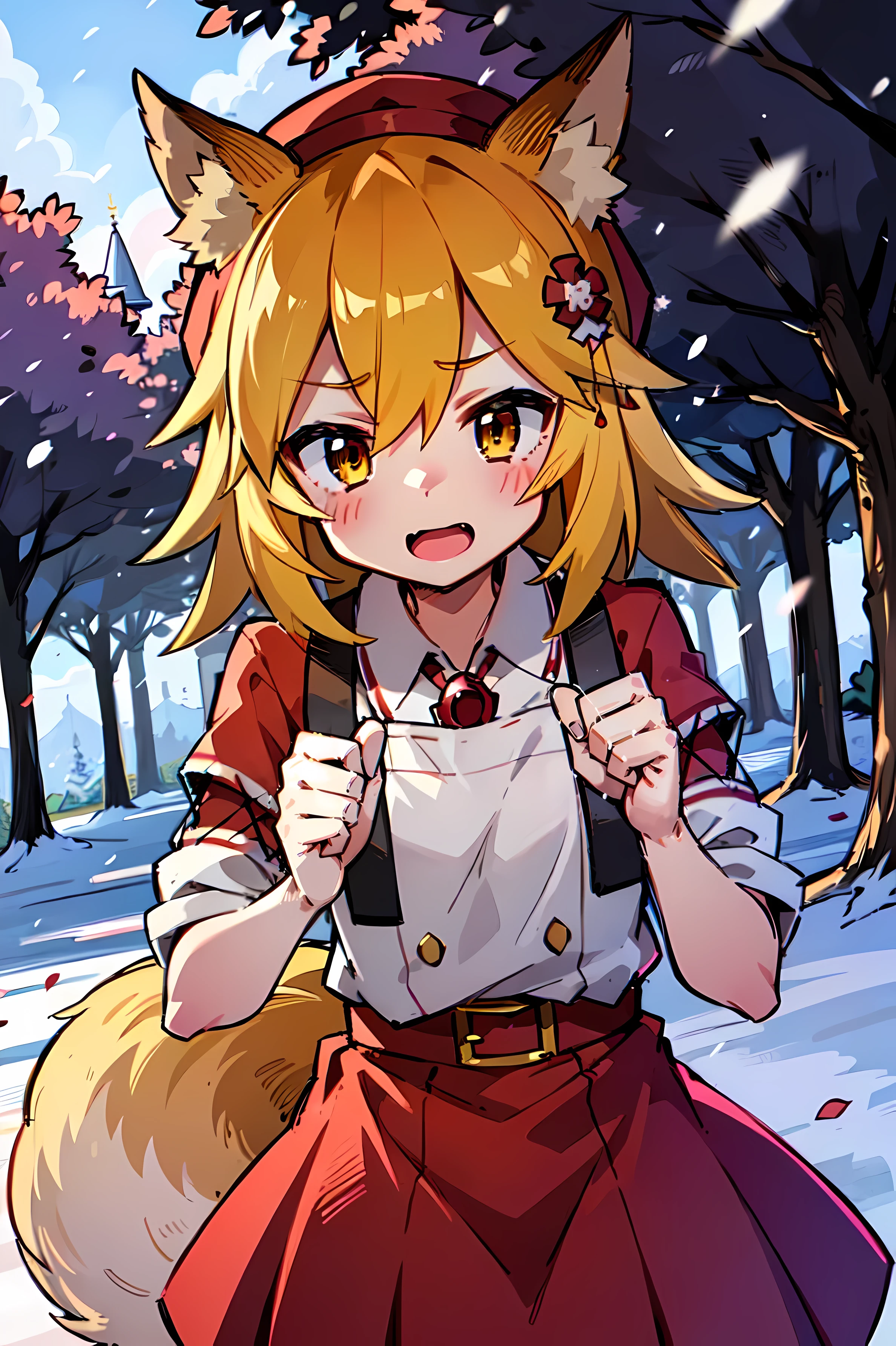 A  girl, Fox ears, 4K Image, flowers of different colors, field, Beautiful trees, Maximum details, village, at home, Beautiful cloud, Very nice girl, fists, Preparing for battle, Aggressive face, Vampire's Tooth, White Trees, snowing, overcast weather, snowingурочка, Наряд snowingурочки