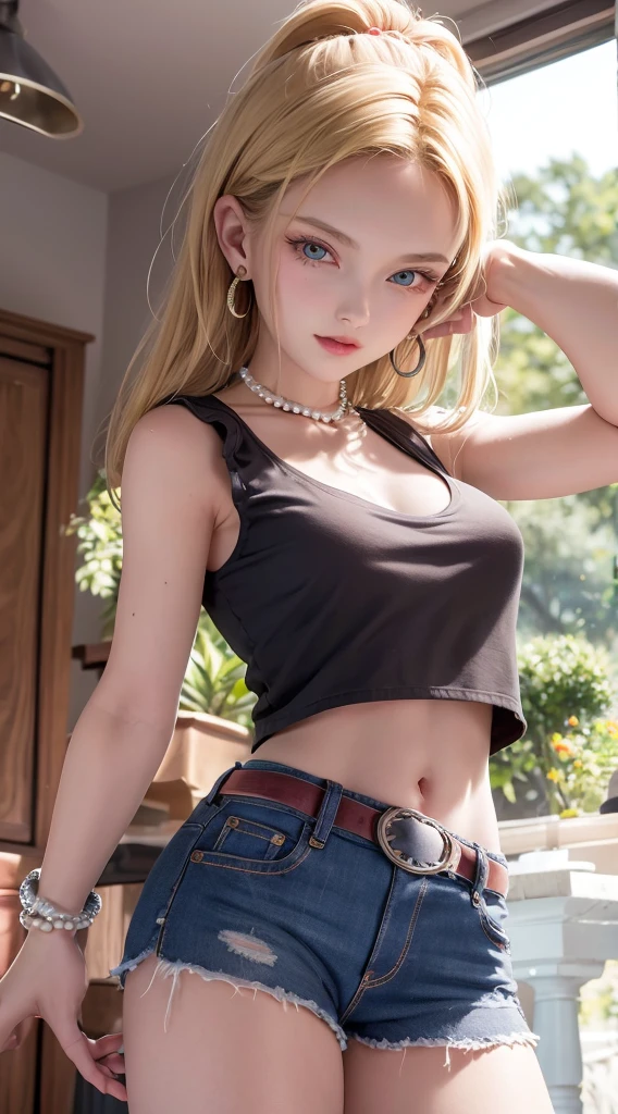 8K、Actual image、intricate detailes、ultra-detailliert、(Photorealsitic)、1girl in, Android 18, blonde  hair, blue eyess, pearls necklace, A bracelet, The chest of short hair and earrings exposed from the sleeveless denim jacket that opens in the front)), (red nipple:1.5), (Jeans miniskirt), a belt, Beautiful legs, In the street