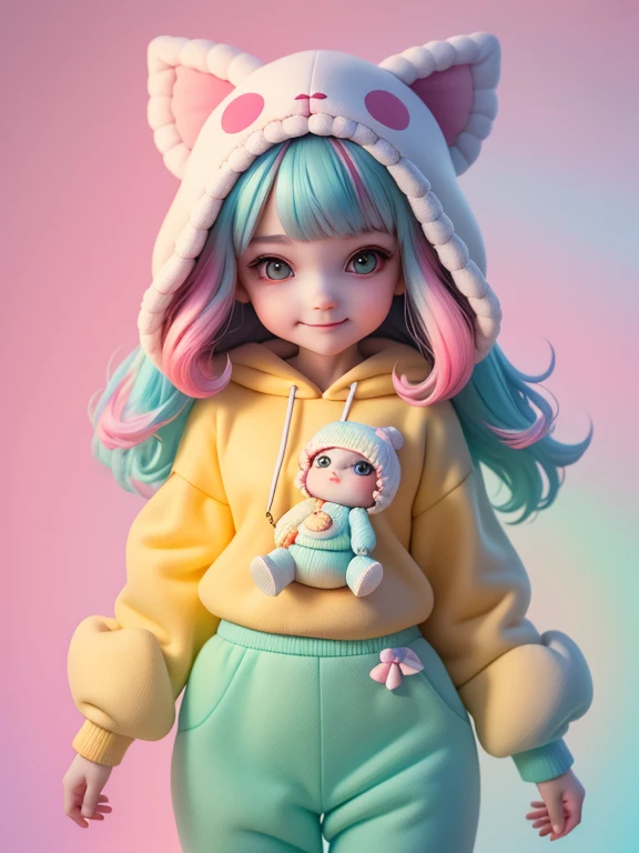 (masterpiece), (top-quality), (ultra-detailliert), (full bodyesbian: 1.2) Beautiful and cute baby girl, holding a stuffed dragon,circus theme, hoods, Colorful sweatshirts, Knitted jumpsuit, Pants, jaket, blouse, Clear smile, full bodyesbian, :3, Pastel tone background , Colorful and simple.