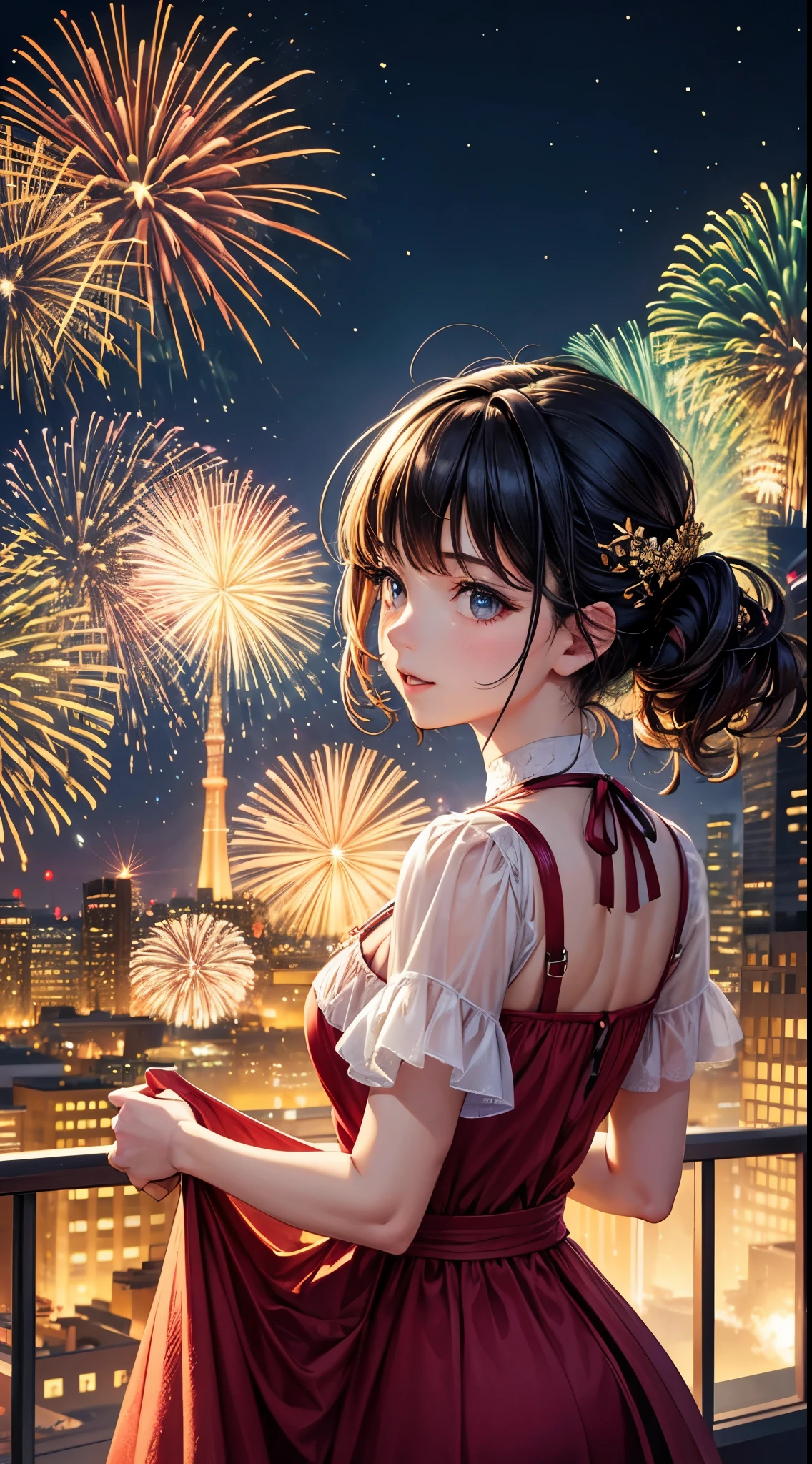 portrait,landscape,painting,illustration,(double exposure effect),girl,girl in a beautiful dress,expressive eyes,festive atmosphere,grand fireworks display in the night sky,sparkling fireworks,mesmerizing colors,romantic ambiance,futuristic skyscrapers,tall buildings,reaching towards the sky,glowing neon lights,amazing architectural design,twinkling stars,celebration of the new year,overwhelming sense of excitement,magical moment,inspiring and artistic composition. best quality,4k,8k,highres,masterpiece:1.2,ultra-detailed,realistic:1.37,