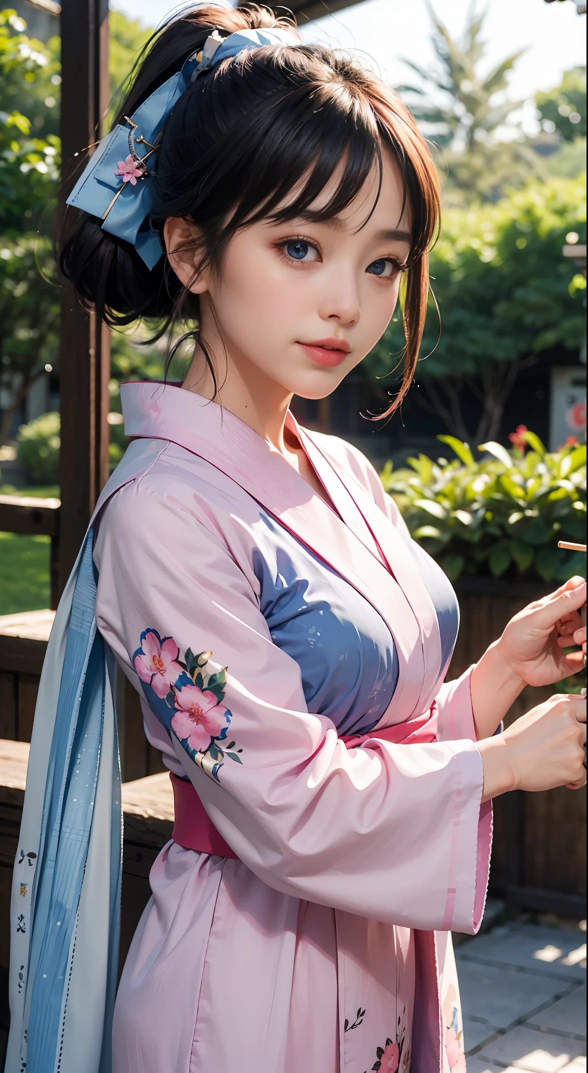 Real life adaption of this character,her name is tenten from anime Naruto,hyper realistic,realistic pink kimono with ribbon belt around her waist,Japanese teen beautiful face,realistic light,realistic shadow,realism,realistic hair,(photorealistic:1.2)