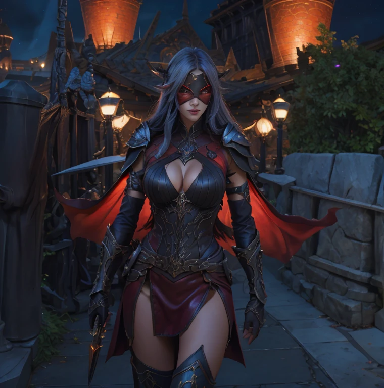 Highest image quality，Outstanding detailidelity：1.4）photo realistic, nightelf, female. demonhunter, beautiful face, sexy female black and red leather armor, full length head to toe portrait, big breast, unreal engine,longeyelashes, white hair, long hair, wavy hair, blindfold, pointy ears, makeup, evil, , Realism, Hyperrealism, 8k, super detail, accurate, best quality, UHD, masterpiece, anatomically correct, award winning, city of stormwind in the background