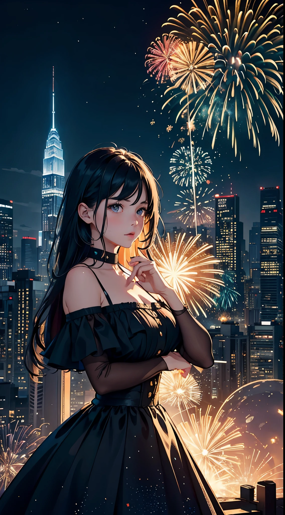 portrait,landscape,painting,illustration,(double exposure effect),girl,girl in a beautiful dress,expressive eyes,festive atmosphere,grand fireworks display in the night sky,sparkling fireworks,mesmerizing colors,romantic ambiance,futuristic skyscrapers,tall buildings,reaching towards the sky,glowing neon lights,amazing architectural design,twinkling stars,celebration of the new year,overwhelming sense of excitement,magical moment,inspiring and artistic composition. best quality,4k,8k,highres,masterpiece:1.2,ultra-detailed,realistic:1.37,