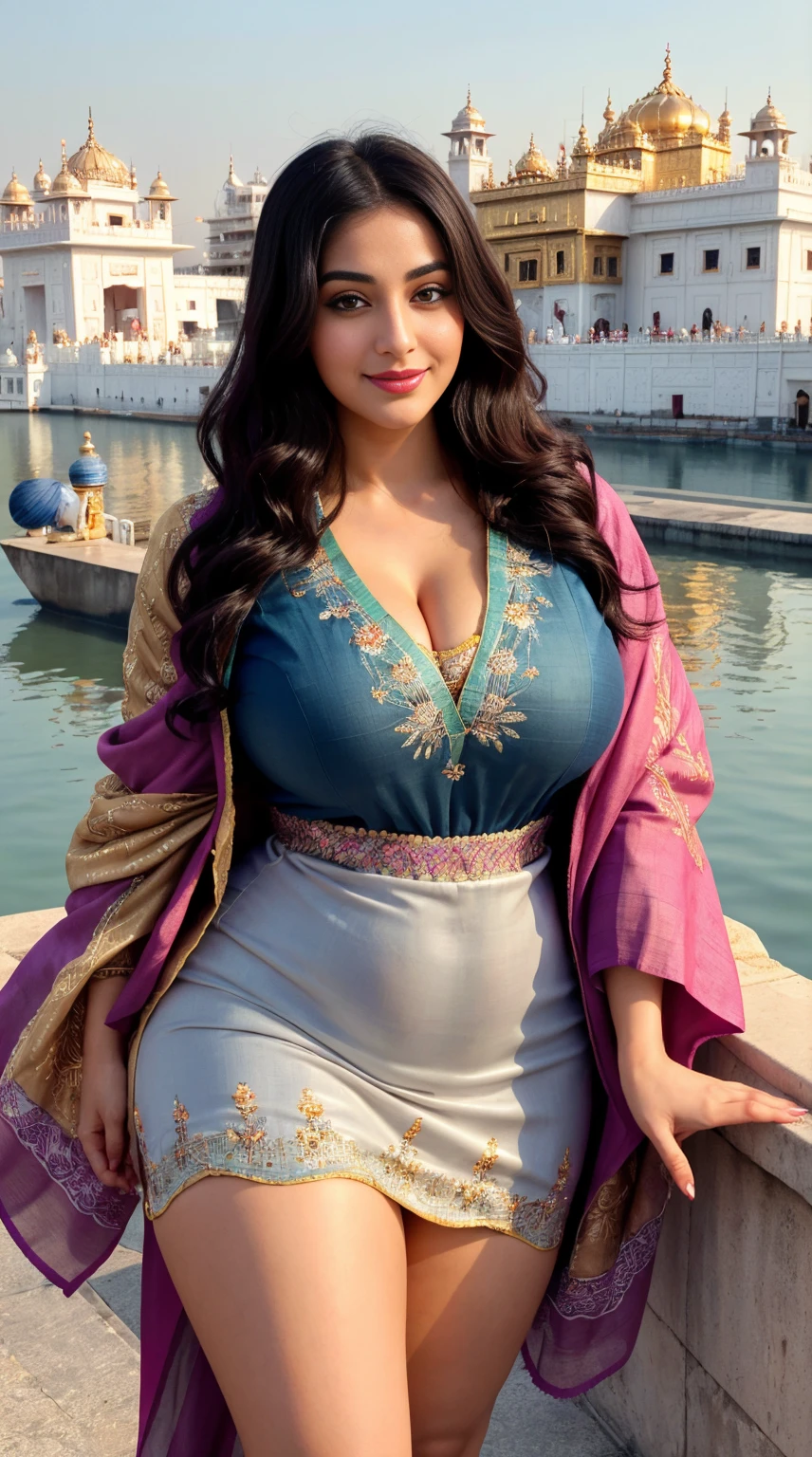 Saira Banu 27 years old beautiful different cute Indian face Indian girl, big bulky m-cup breast, curvy plus size body hour glass figure, Japanese Waves Designs Embroidery different colorful Kurta with Pashmina Shawl
, Wearing a premium Japanese Waves Designs Embroidery Banarasi Kurta with Pashmina Shawl, different hairstyle, bright eyes, thin eyebrows, fair skin, blushing cheeks, head to thigh view, smiling face, ultra realistic skin texture, Straight front view standing, beautiful different Golden Temple, Amritsar, Punjab background, ultra realistic, head to thigh view, black hair, Provocative eye Contact, glossy lipstick, attractive eye contract face, big bulky breast, lighting shadows effect